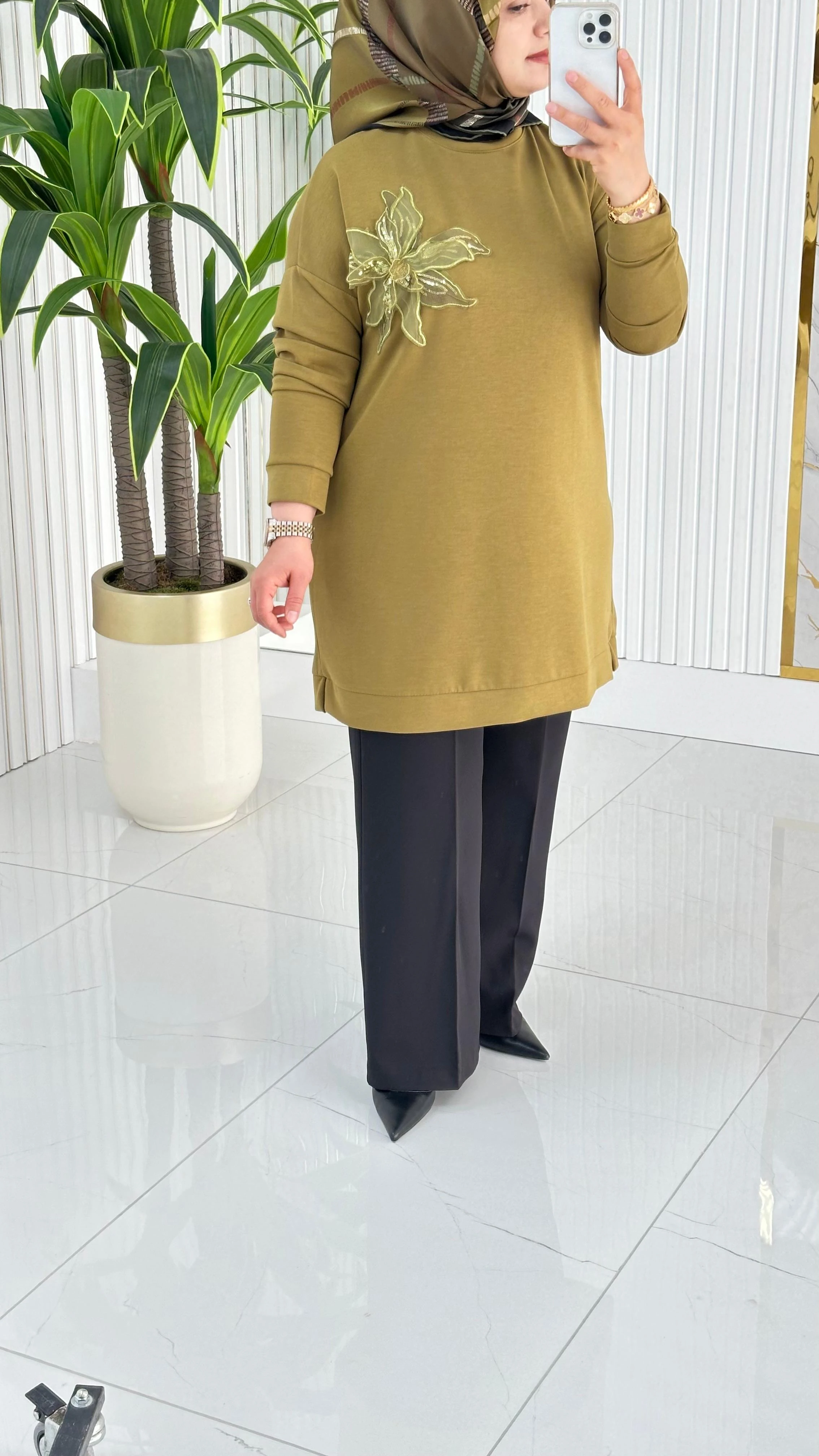 Kado Çiçek Desenli Tunik 7346 - Yağ Yeşili