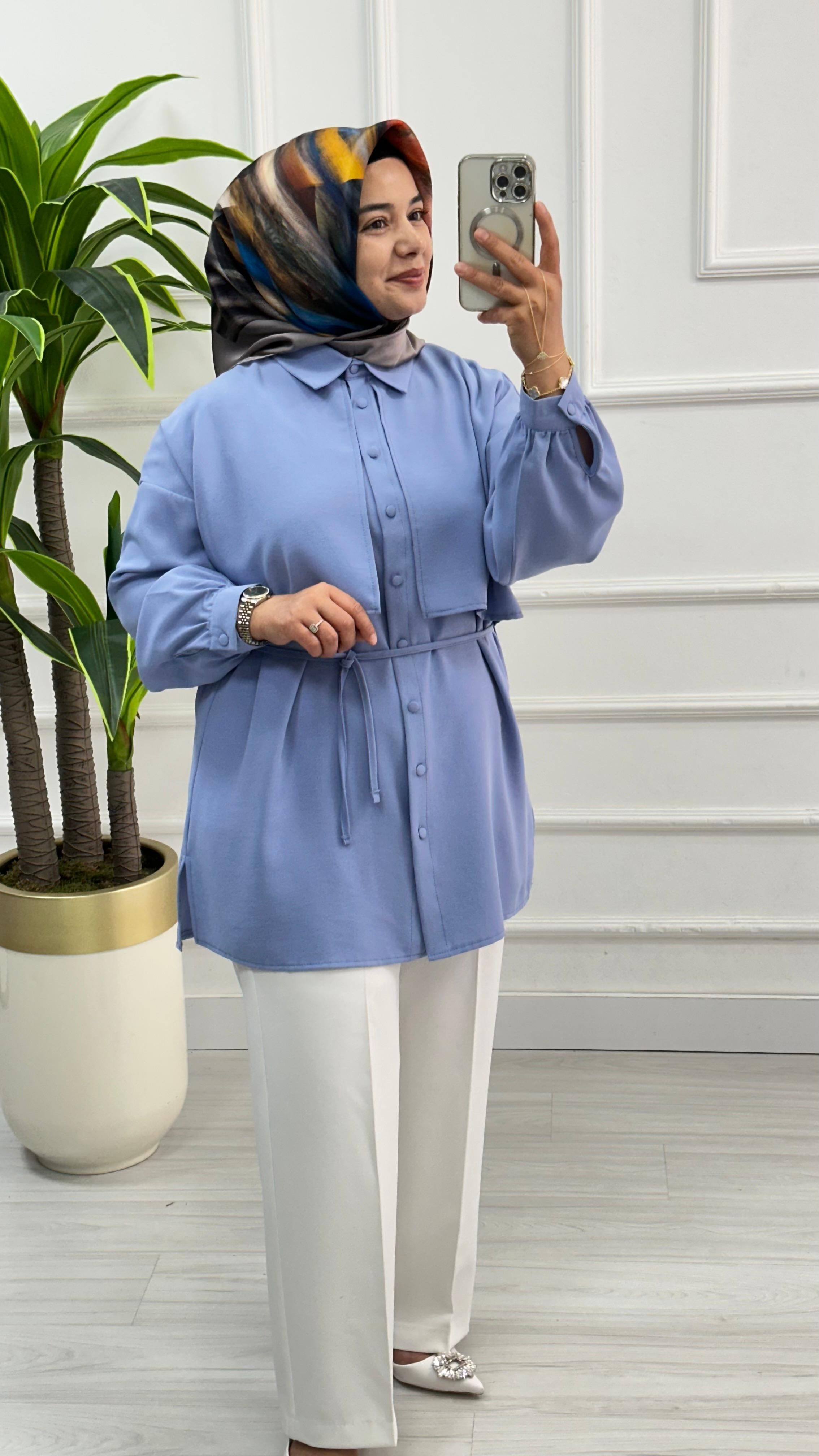 Cepkenli Biyeli Kemerli Linda Spor Tunik 1869 - Mavi
