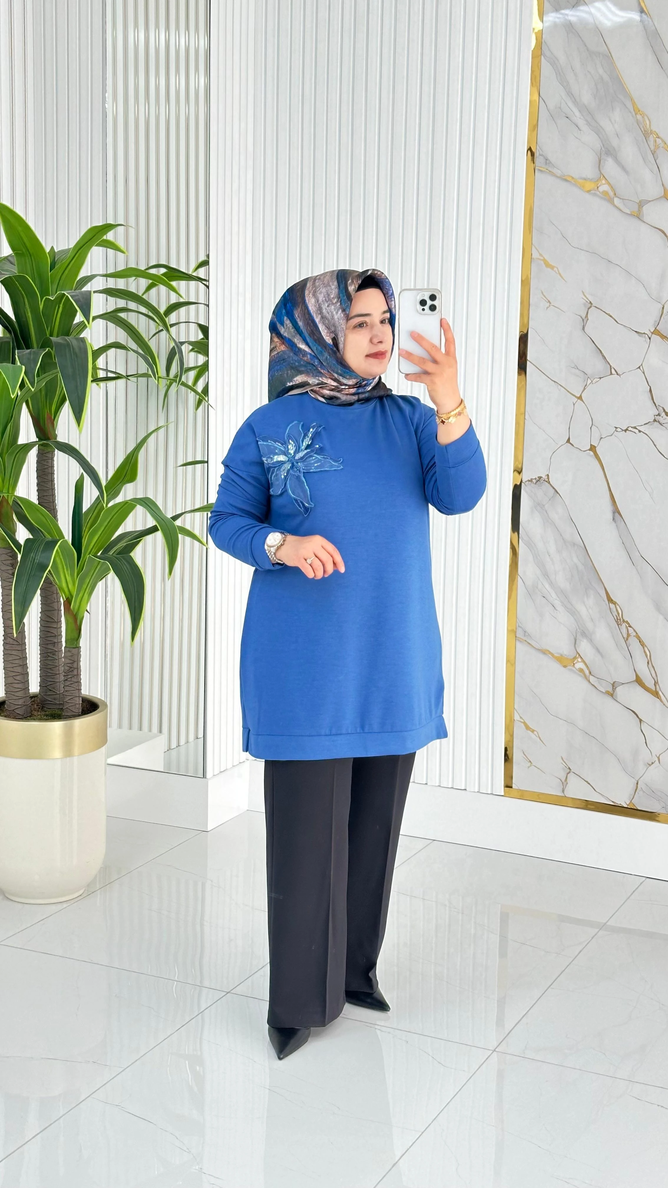 Kado Çiçek Desenli Tunik 7346 - Mavi