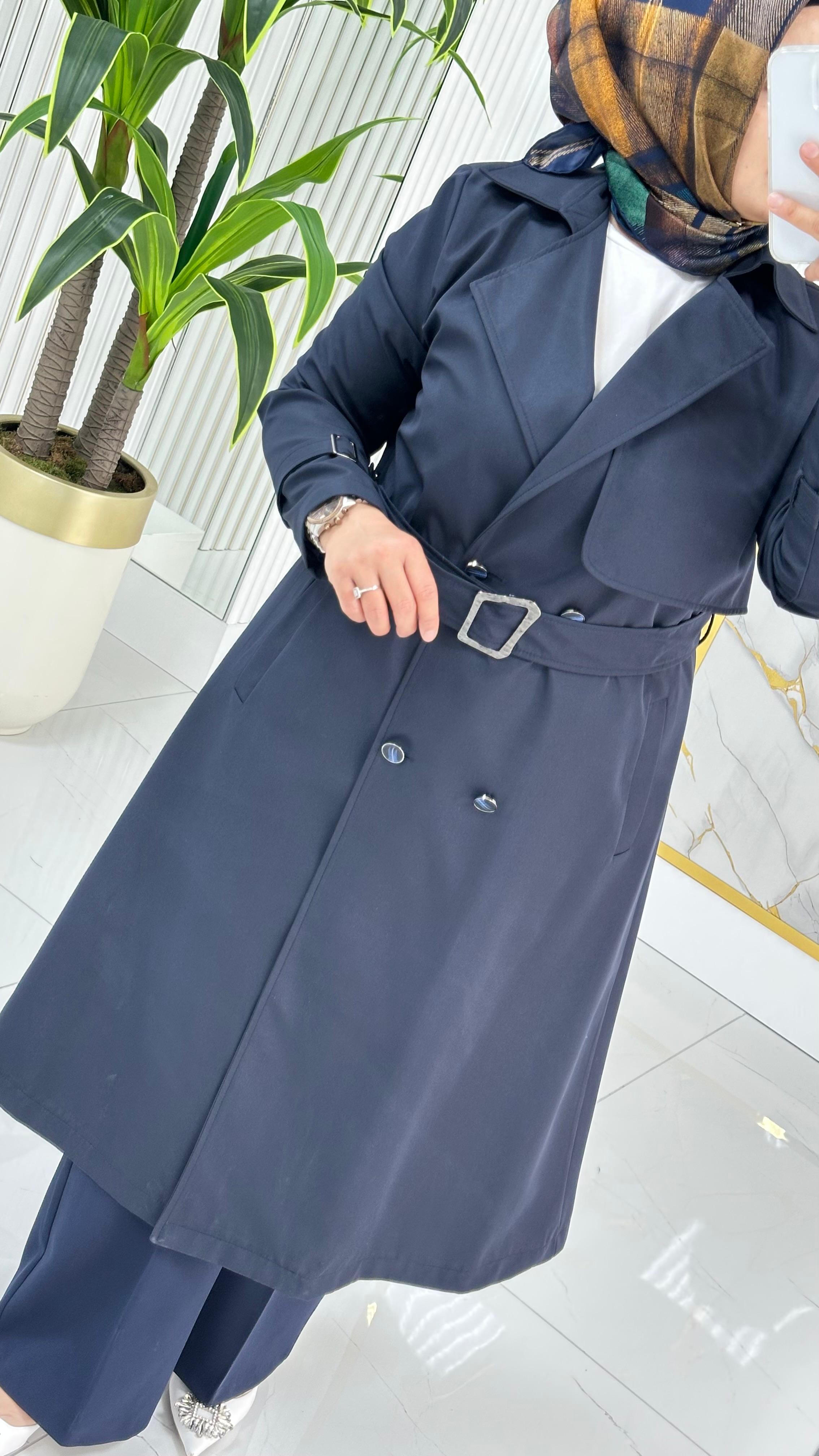 Çınar Özkan Kruvaze Yaka Düğmeli Beli Kemerli Kadın Trench Kap 2280 - Lacivert