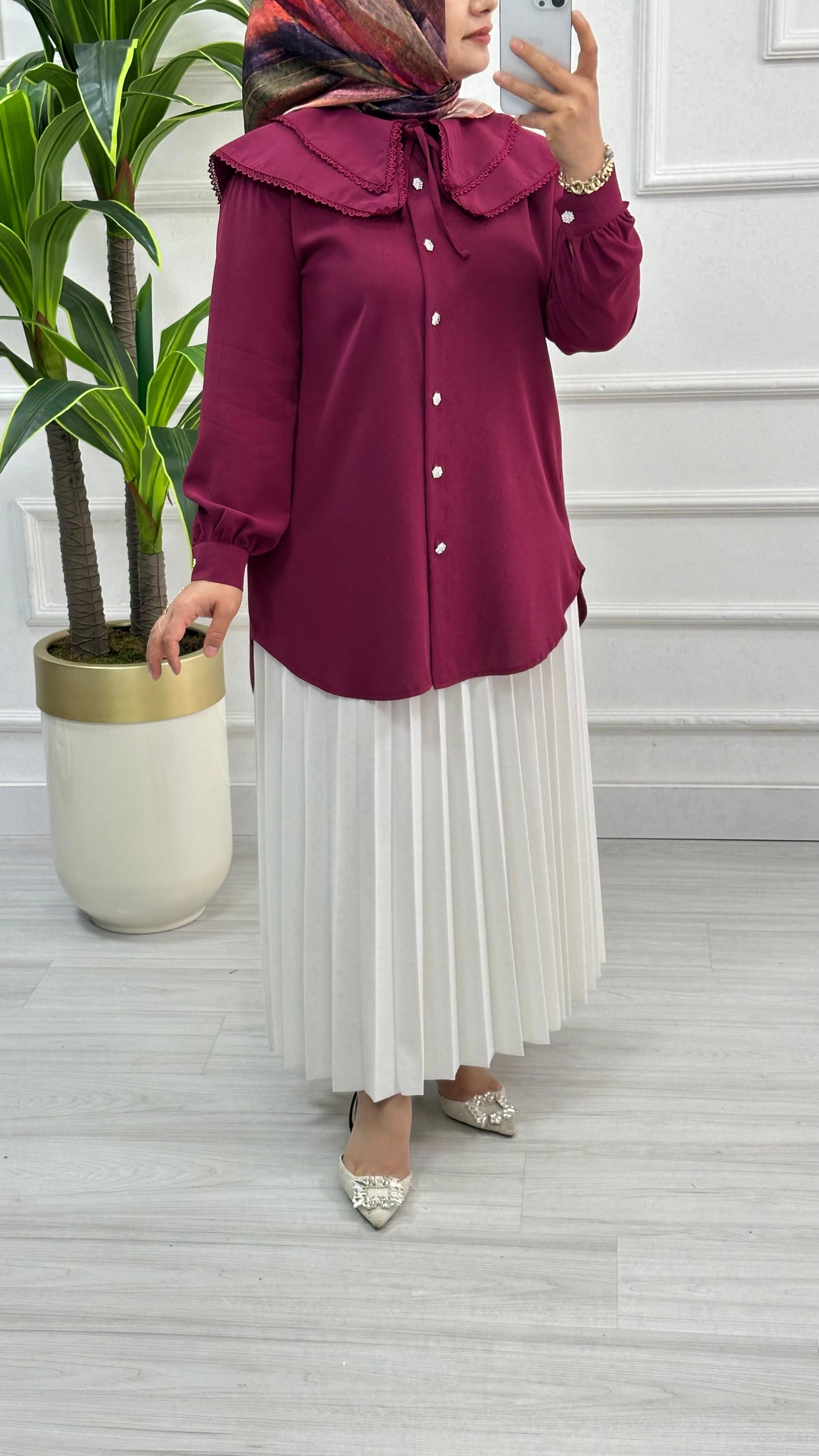Dantelli Çift Yakalı Linda Tunik 1734 - Bordo