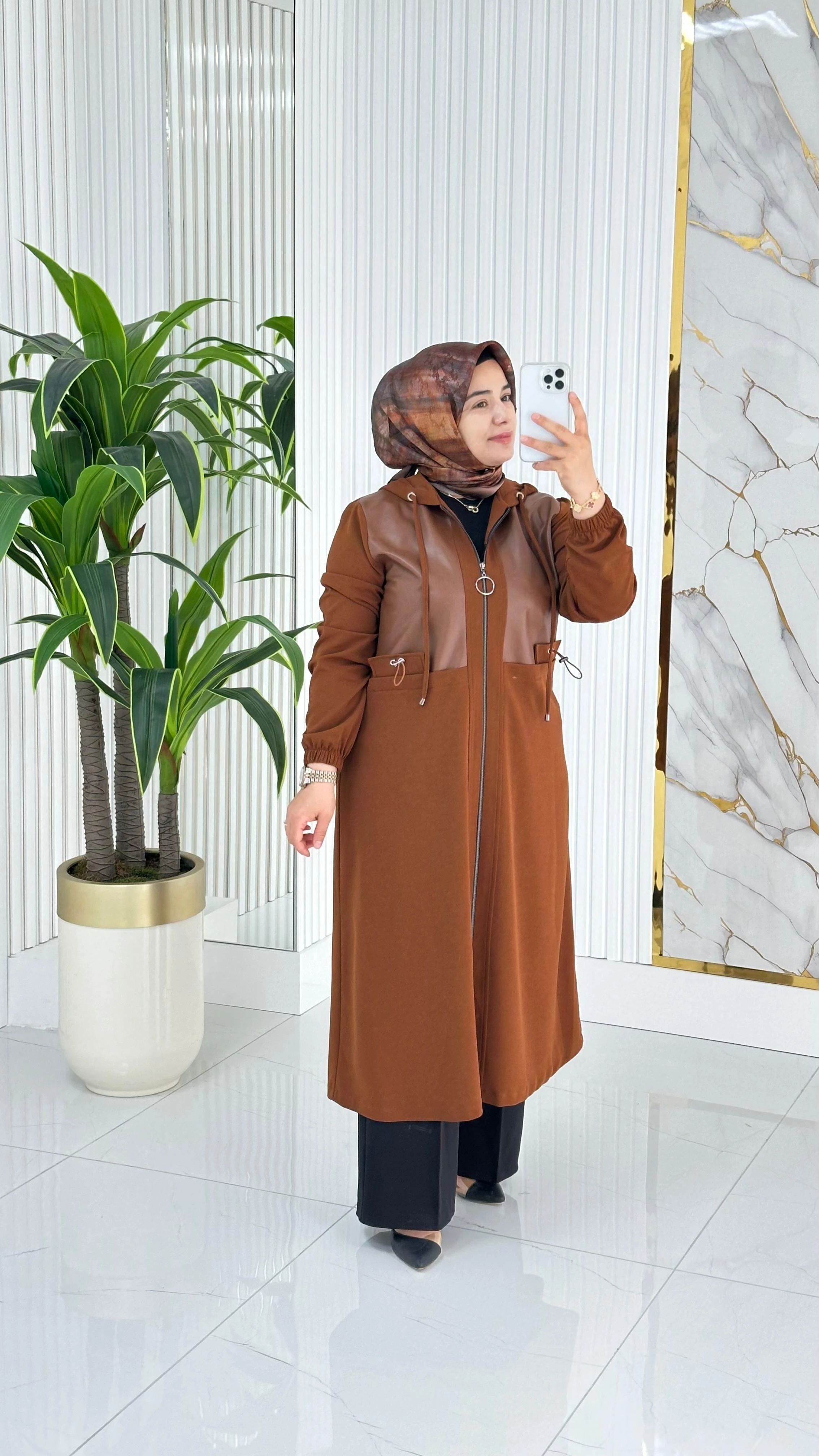 Önü Fermuarlı Deri Kombinli Kadın Giyçık Kap 2278 - Taba