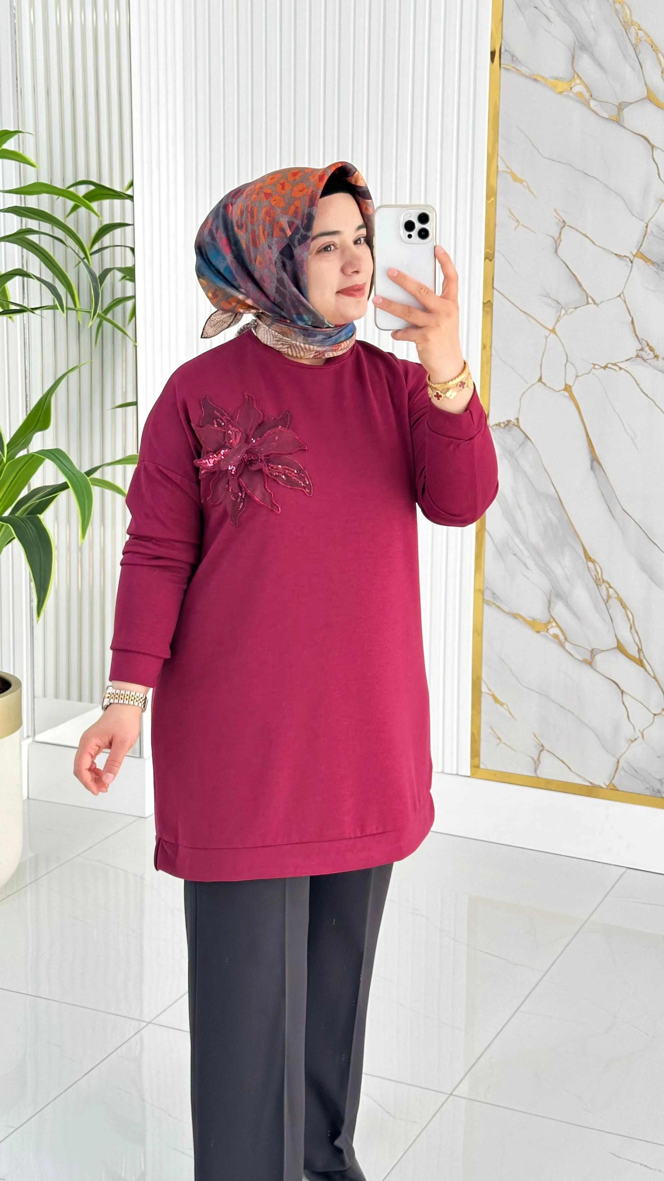 Kado Çiçek Desenli Tunik 7346 - Bordo