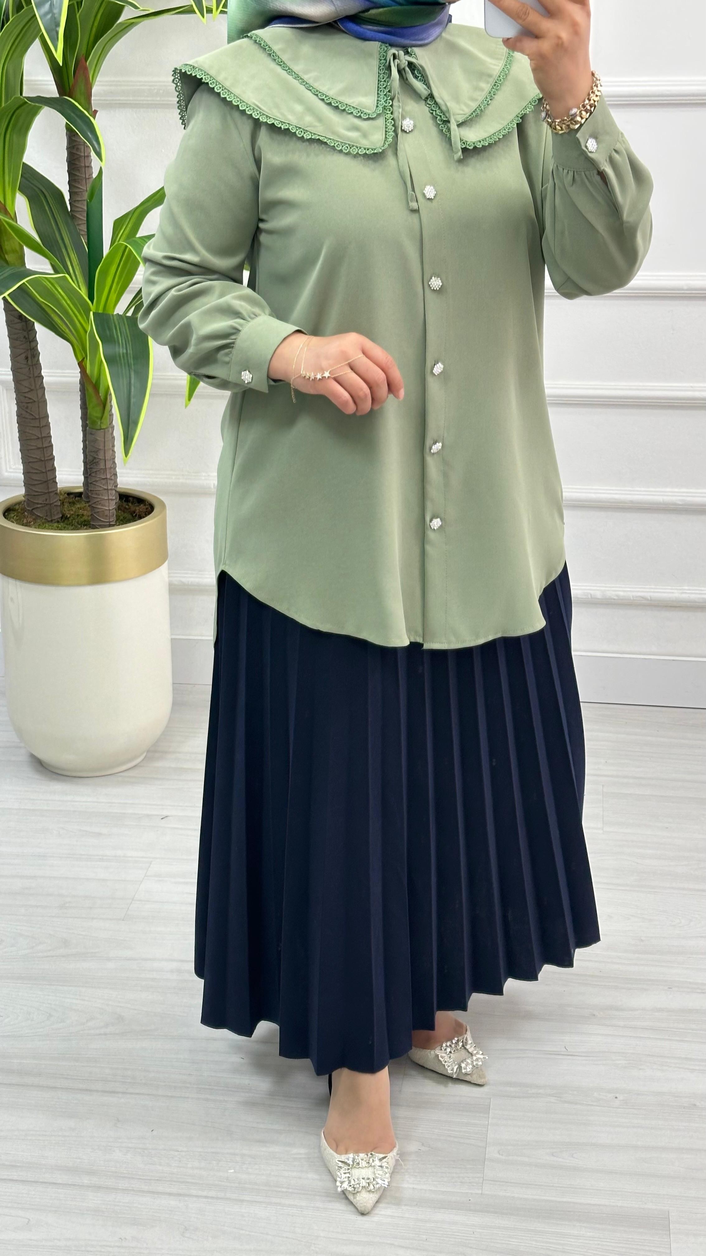 Dantelli Çift Yakalı Linda Tunik 1734 - Mint Yeşili