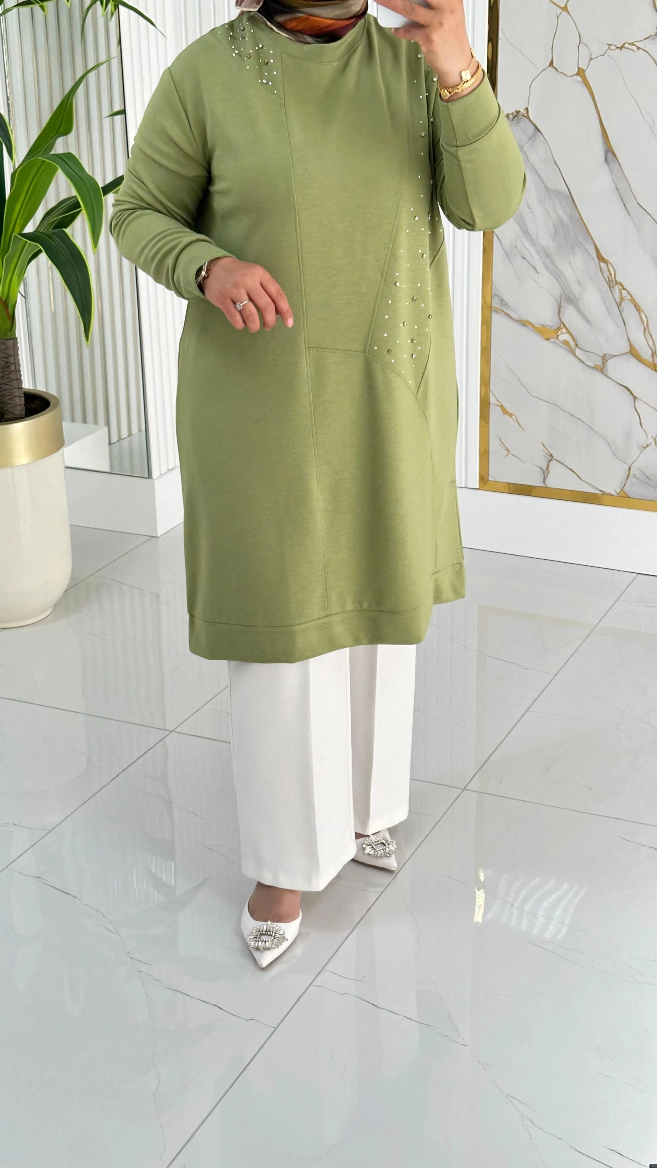 Kado Taş Baskılı Asimetrik Tunik 7020 - Fıstık yeşili