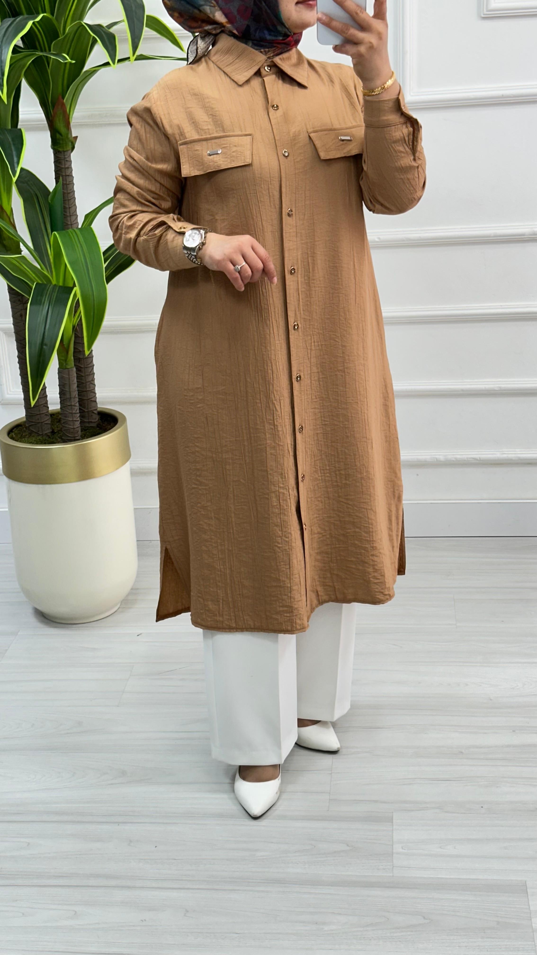 Kado Cep Detaylı Tensel Kumaş Tunik 1900 - Kavun