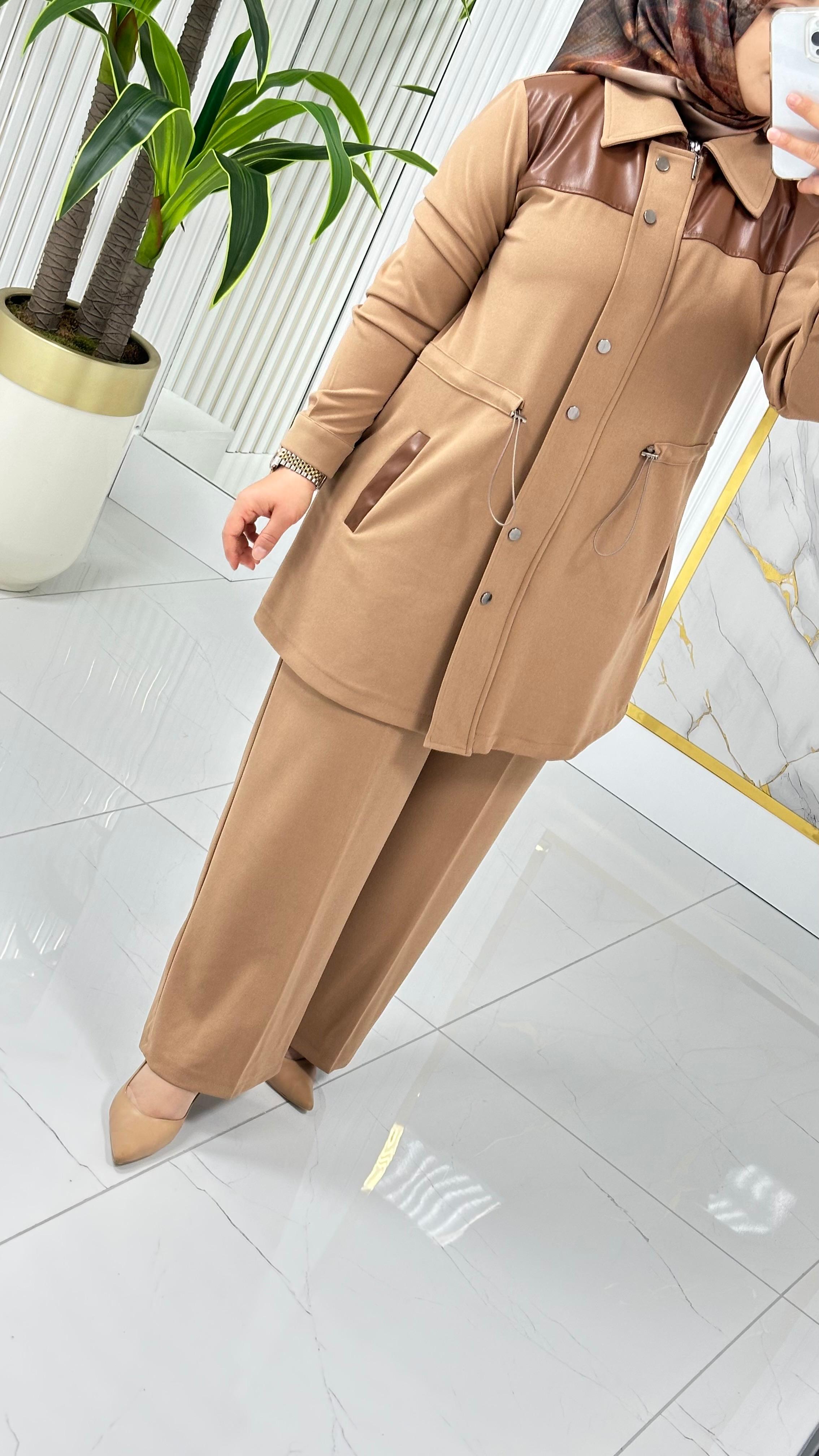 ÇINAR ÖZKAN DERİ DETAYLI İKİLİ TAKIM 2235 - Vizon