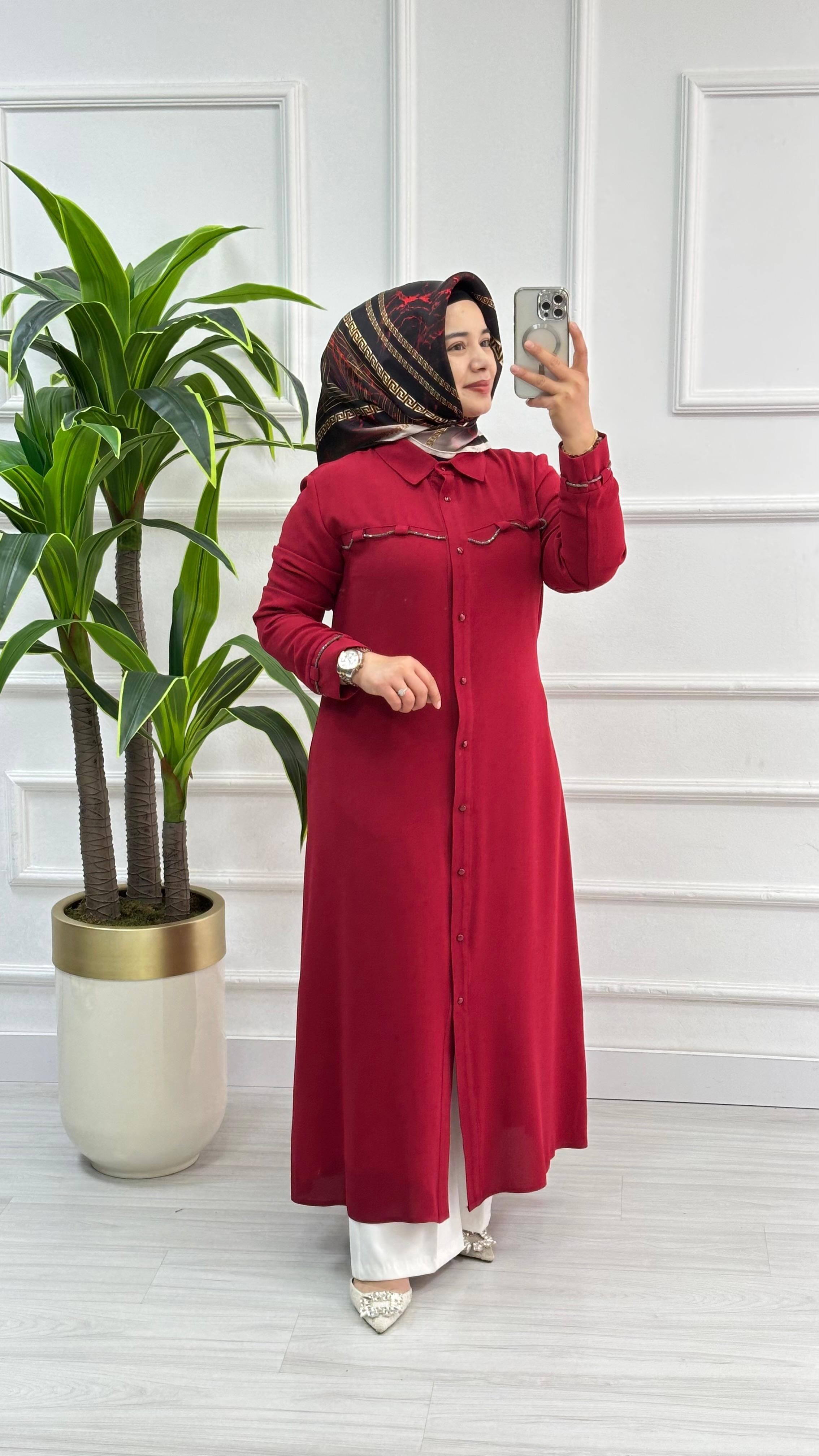 Kolları Ve Önü Taş Detaylı Tunik 4712 - Kırmızı