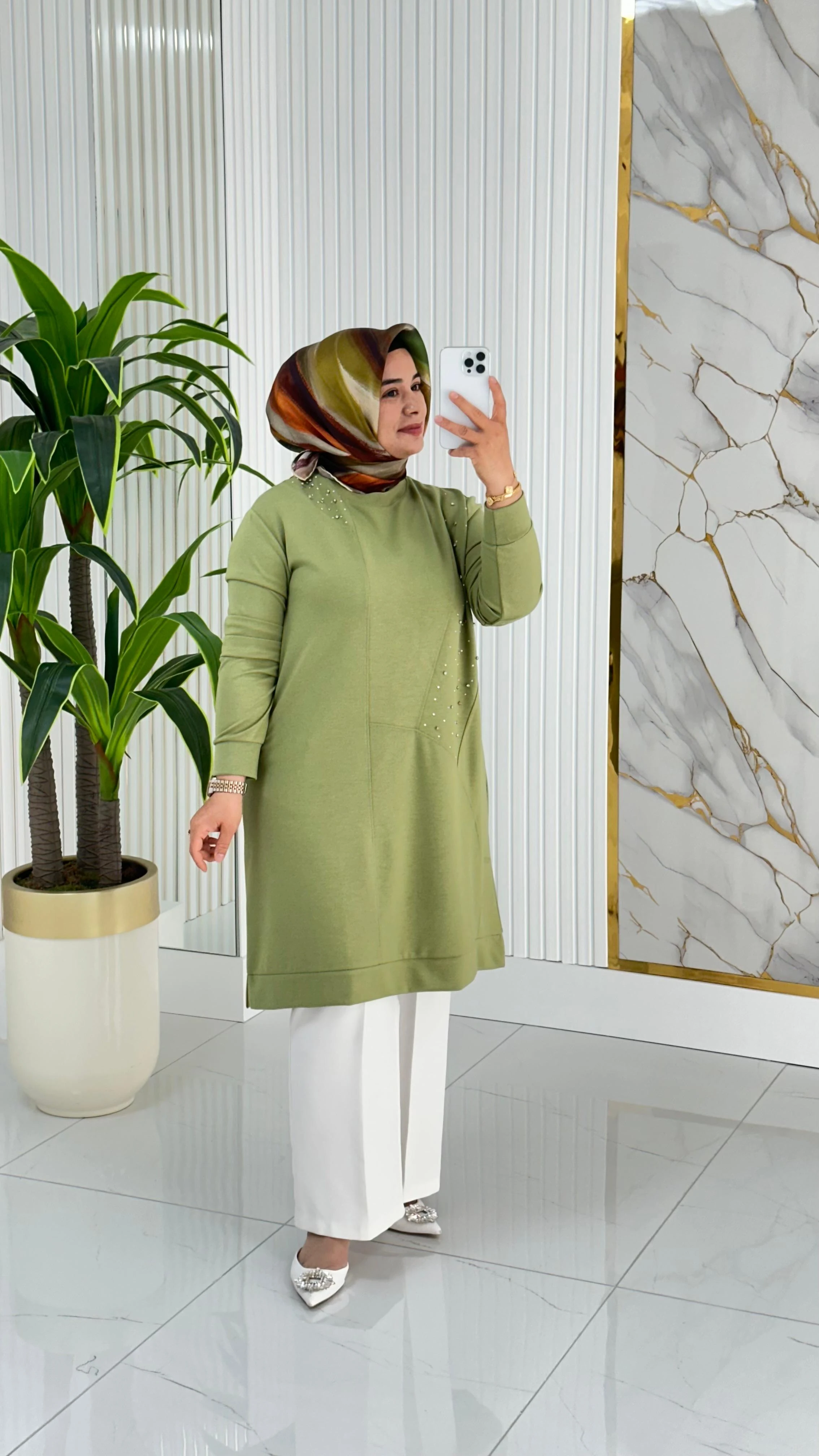 Kado Taş Baskılı Asimetrik Tunik 7020 - Fıstık yeşili