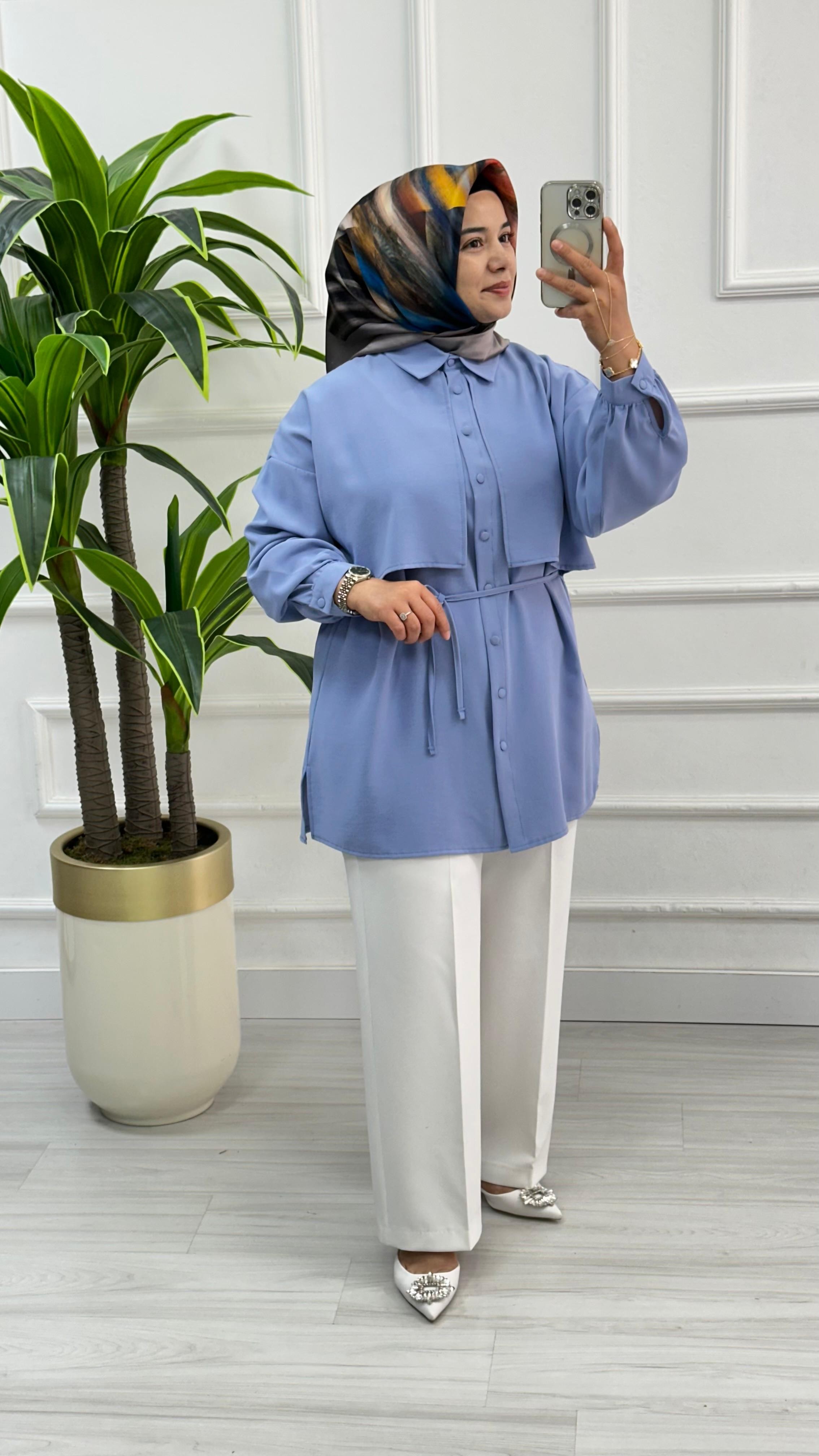 Cepkenli Biyeli Kemerli Linda Spor Tunik 1869 - Mavi