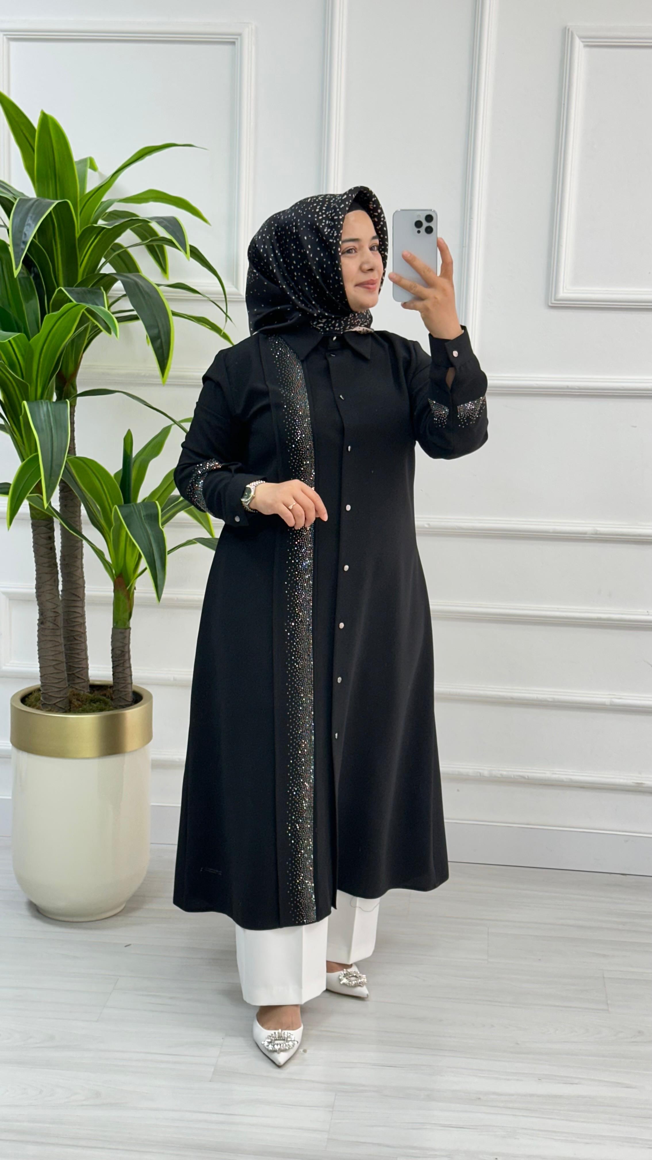 Çınar Özkan Krep Çımalı Taş Detaylı Tunik 2805 - Siyah