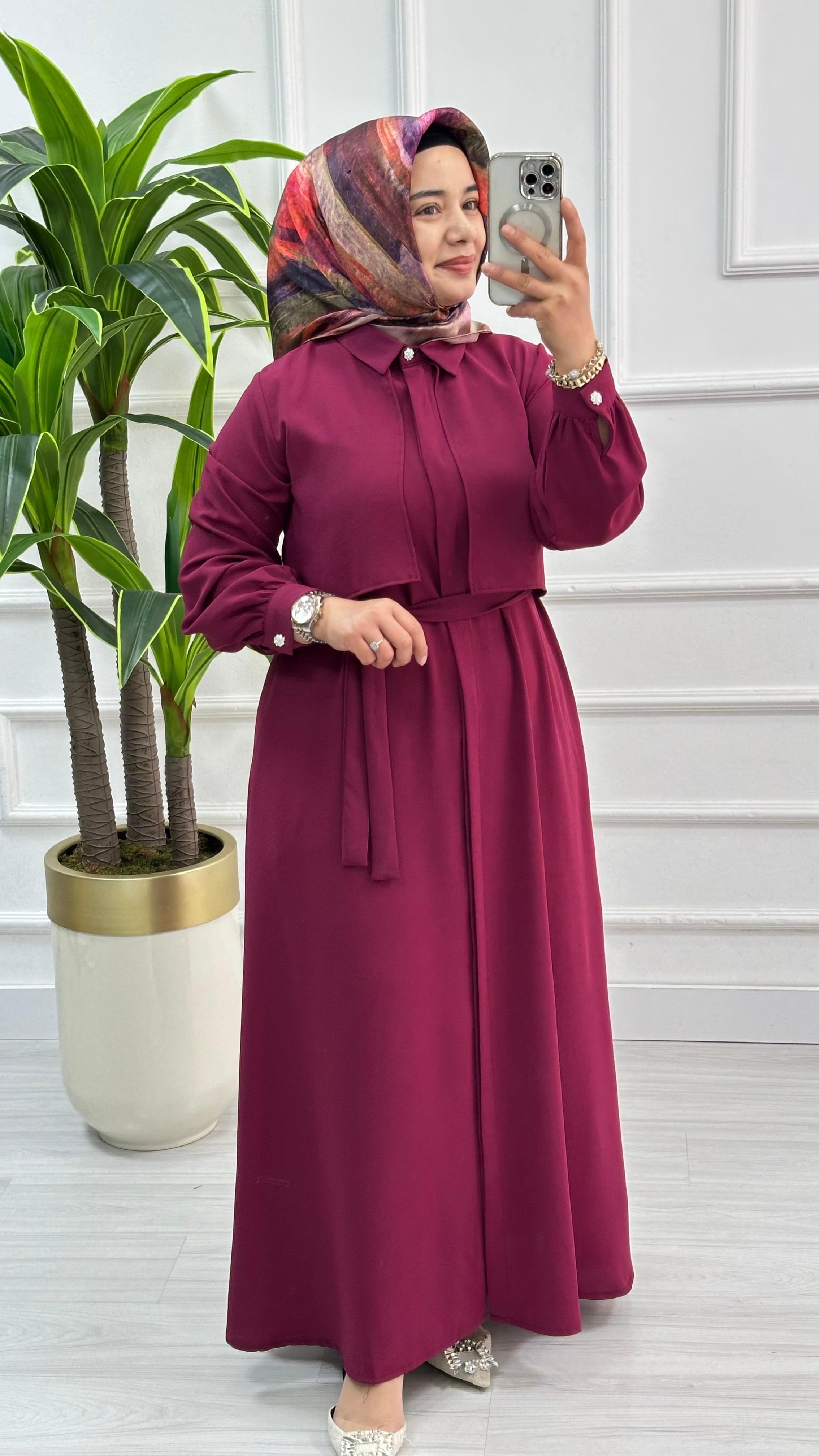 Önü Allerli Kemer Detaylı Detaylı Giyçık / Elbise 1902 - Bordo