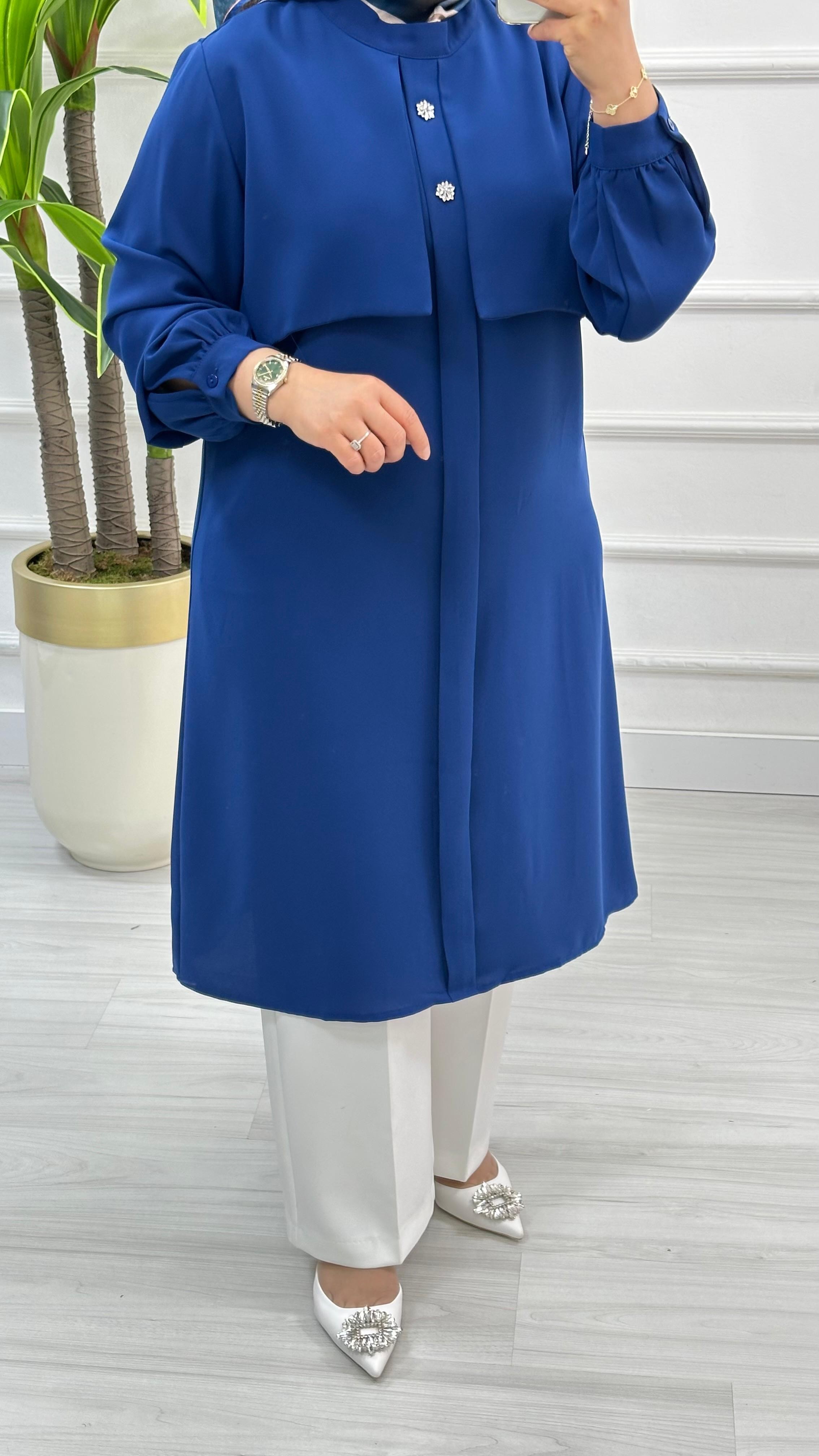 Alesya Taşlı Cepkenli Polo Krep Tunik 4887 - Saks Mavisi