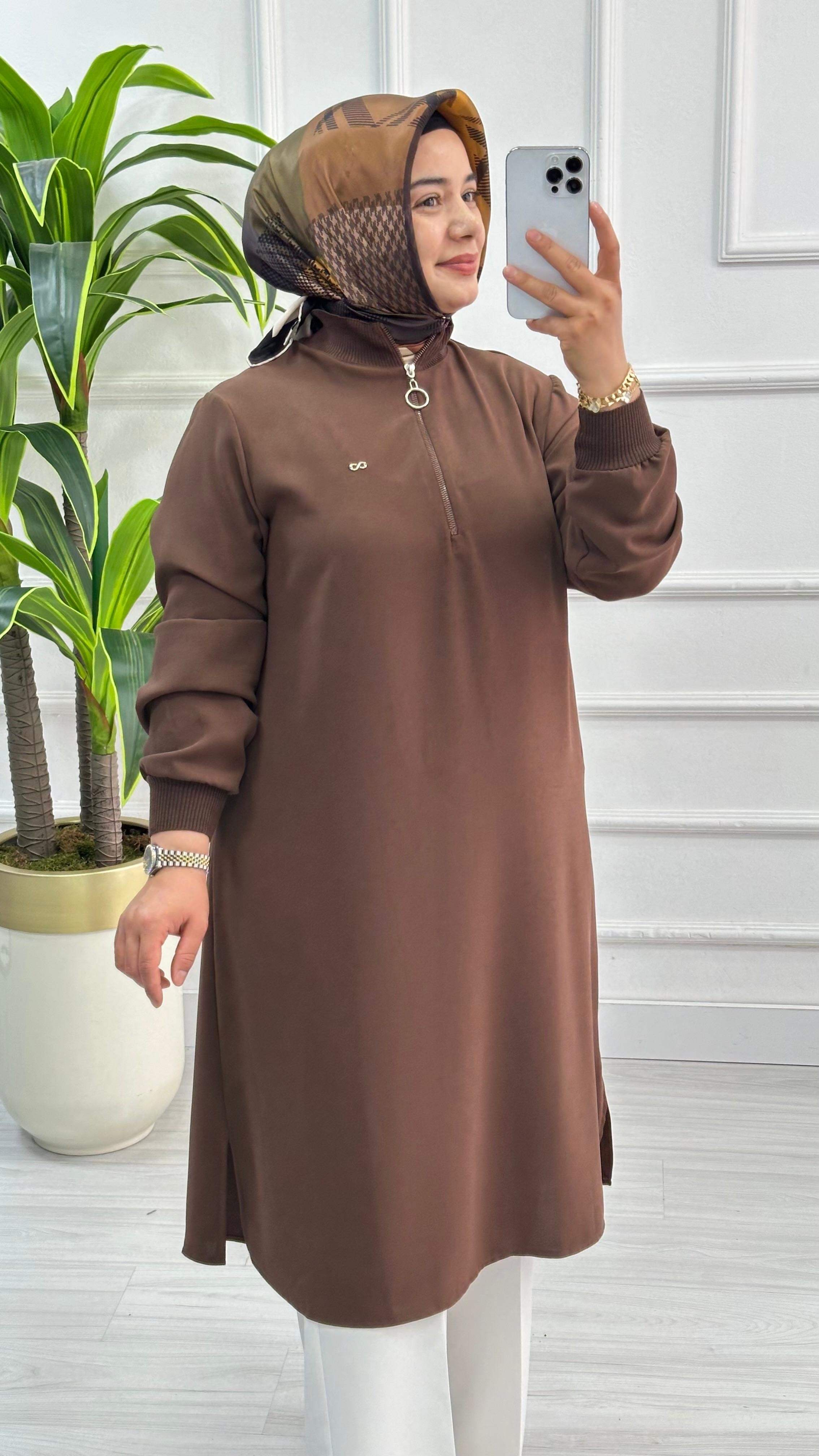 Kado Fermuarlı Uzun Boy Tesettür Tunik 1591 - Kahverengi