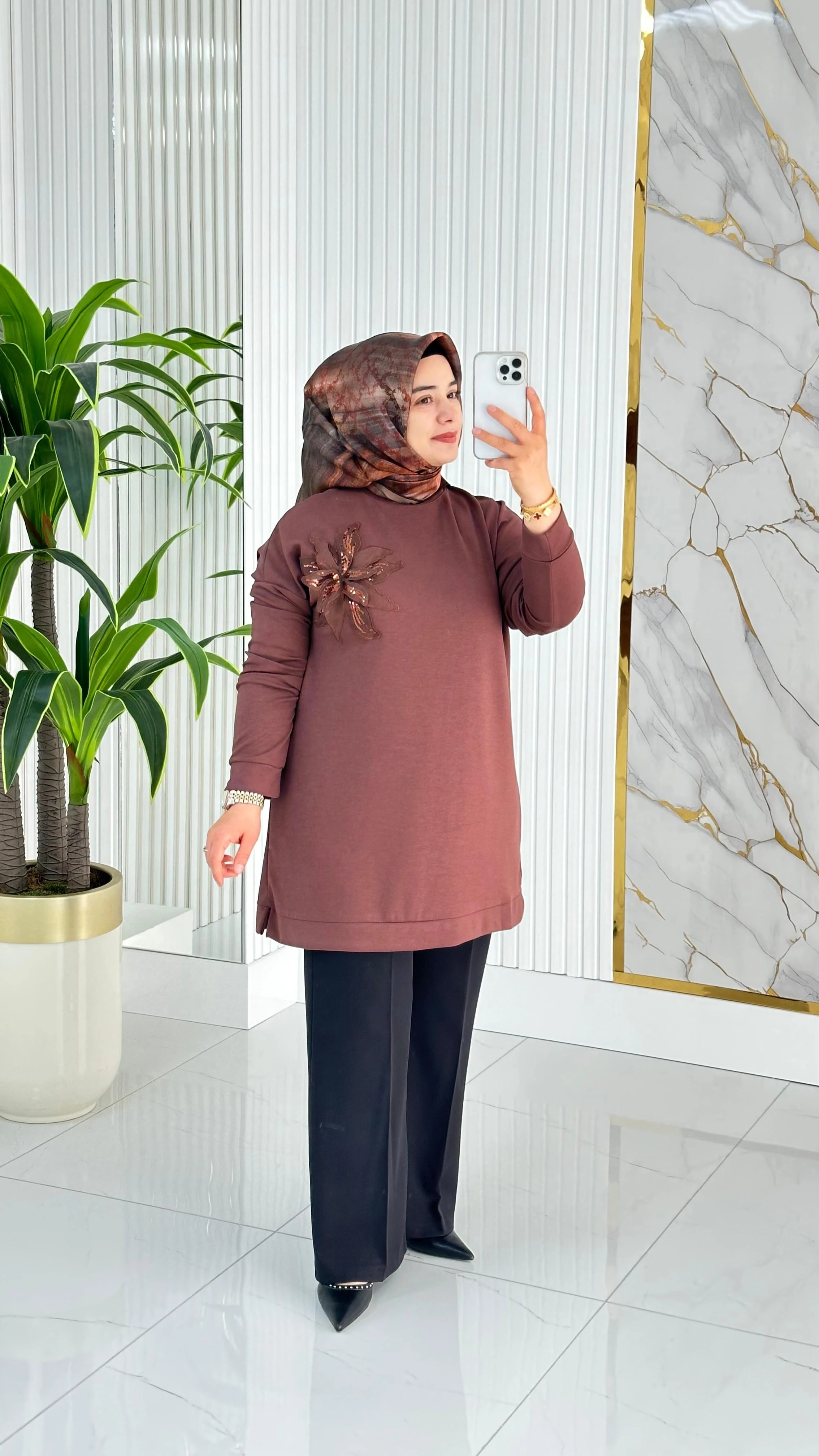 Kado Çiçek Desenli Tunik 7346 - Kahverengi