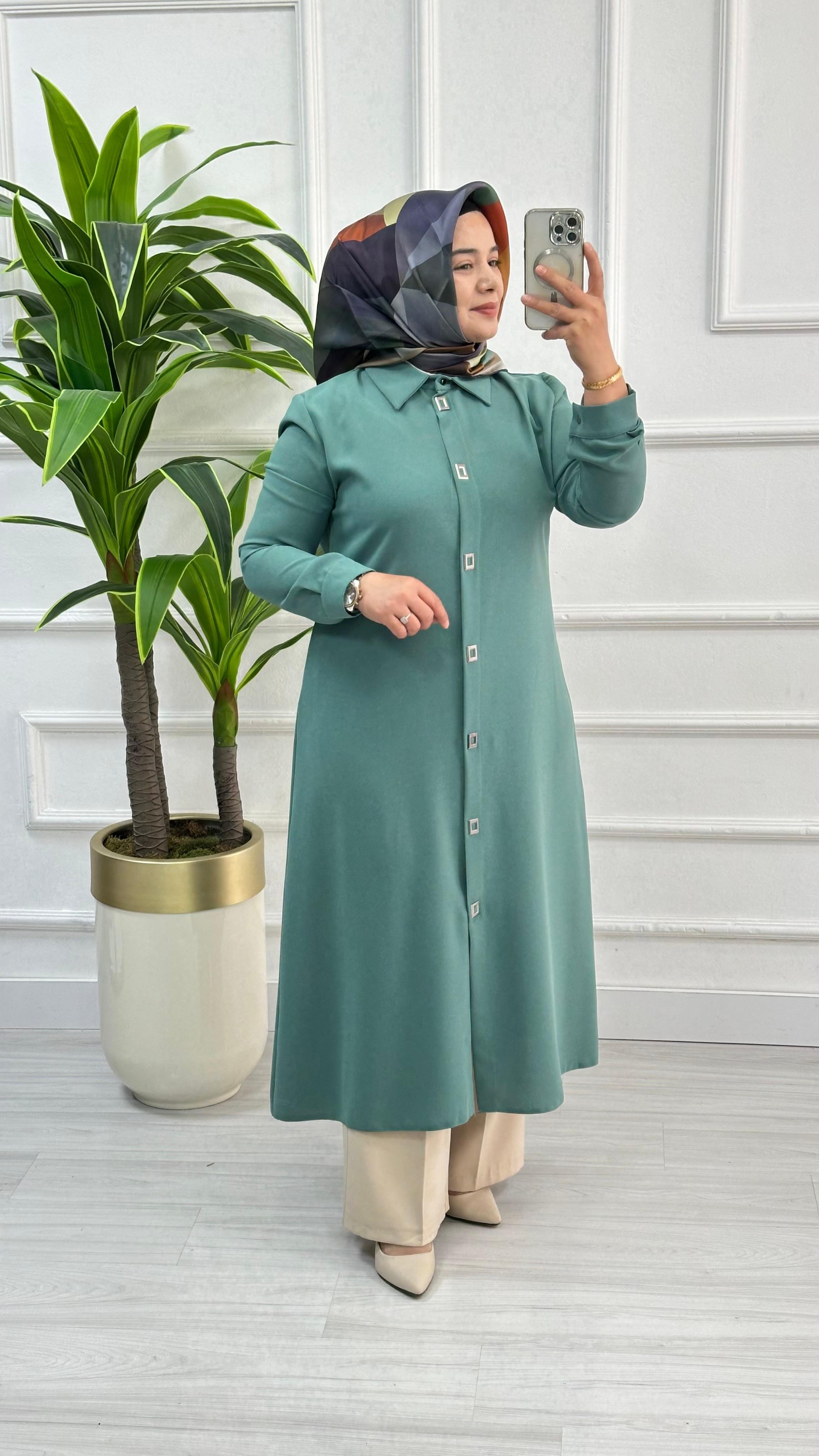 Çınar Özkan Çıt Çıtlı Uzun Tesettür Tunik Giyçık 2132 - Mint Yeşili