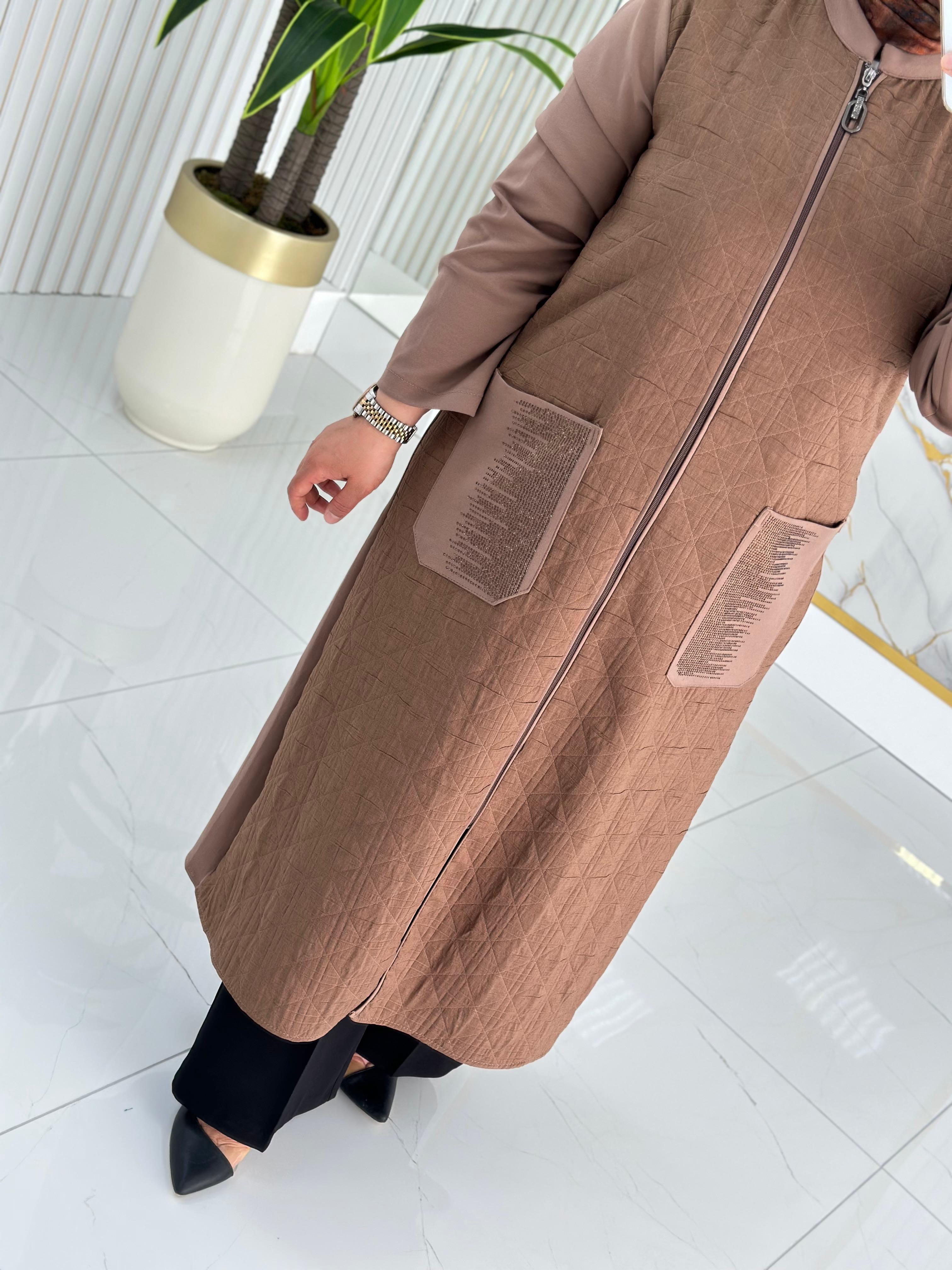 Haya Önü Fermuarlı Kapüşon Cepli Kadın Kapitone Kap 1634 - Vizon