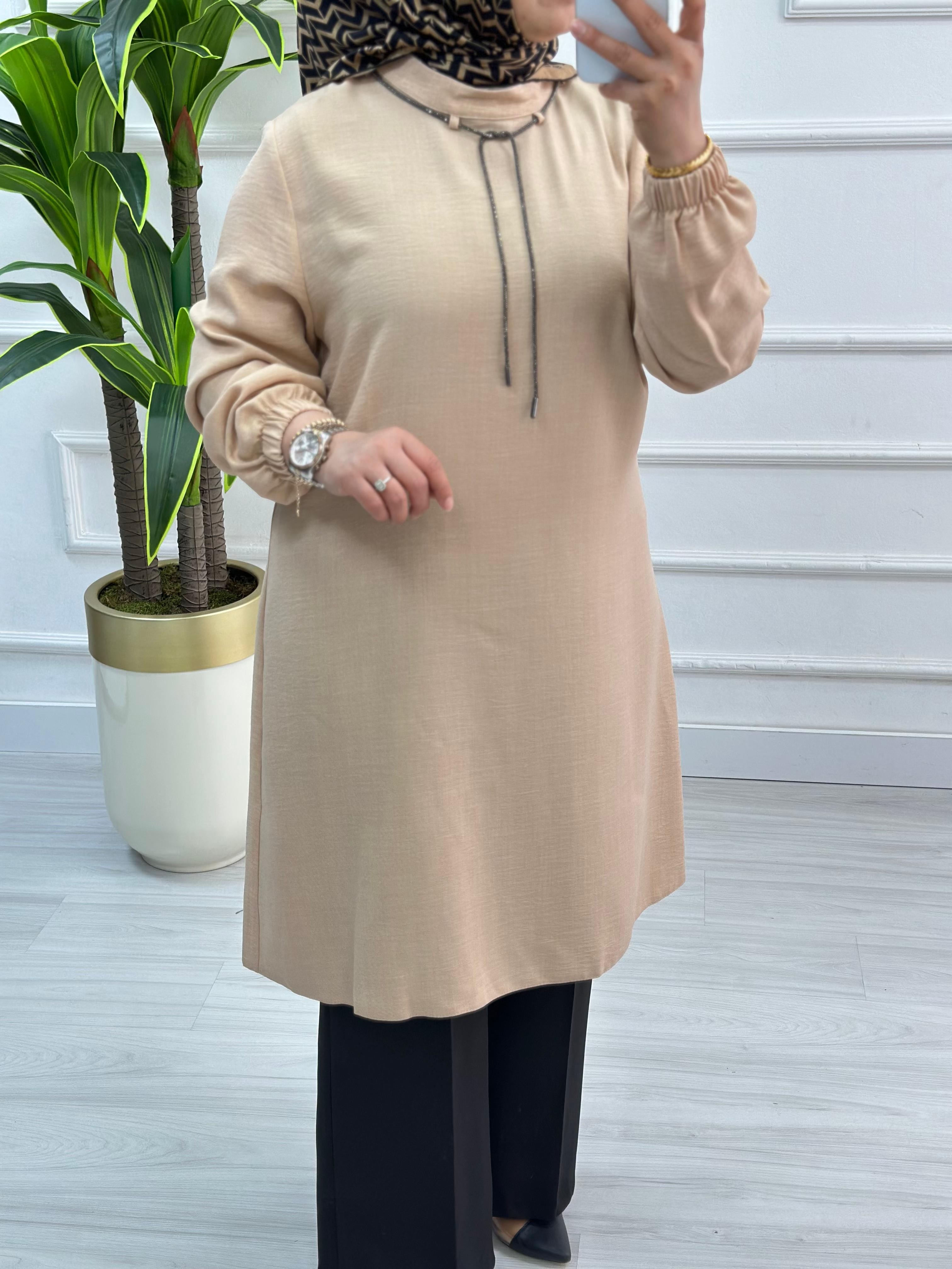 Sim İpli Pamuk Keten Tunik 2819 - Vizon