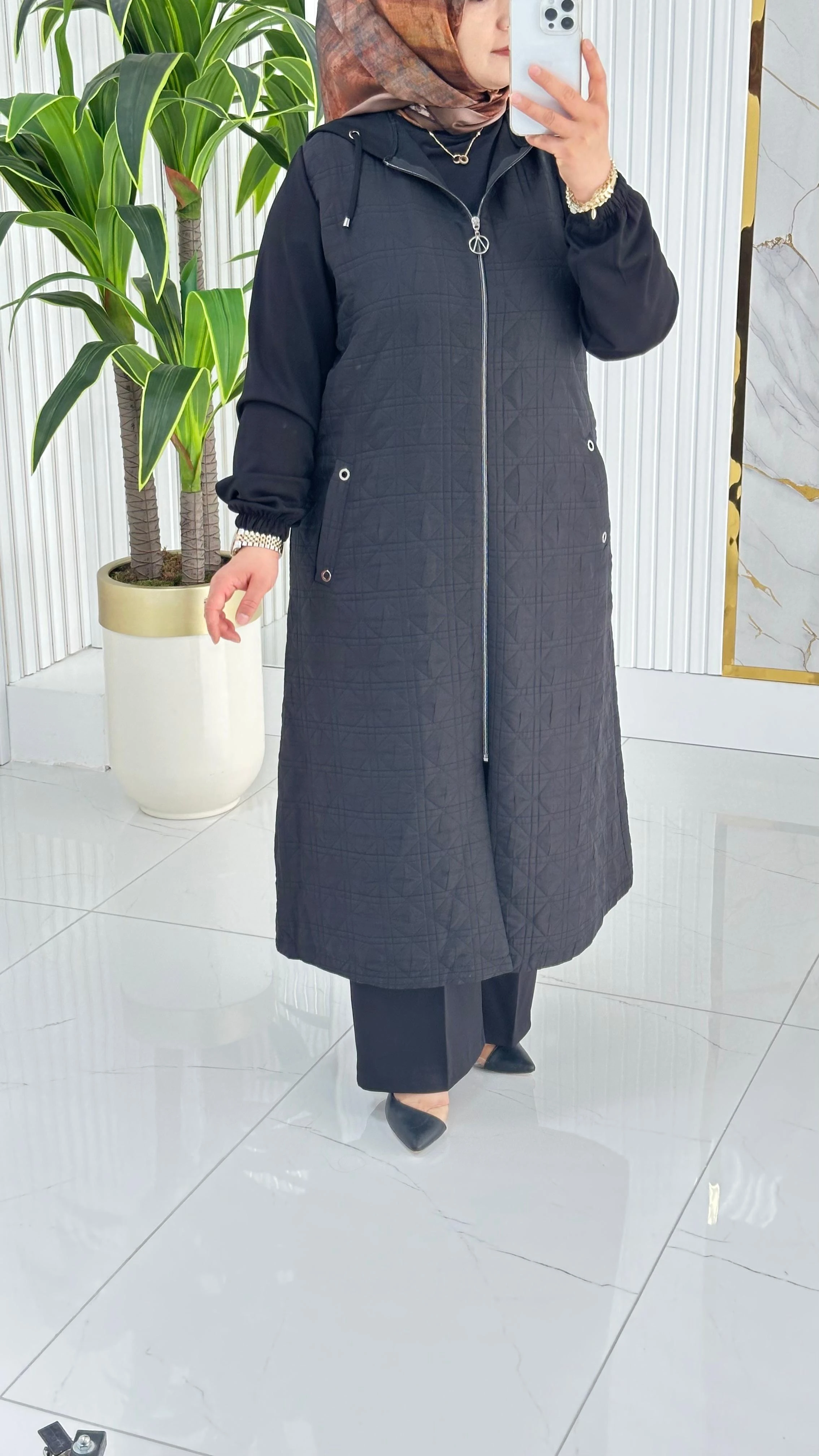 Çınar Özkan Önü Fermuarlı Cepli Kadın Kapitone Kap 2265 - Siyah