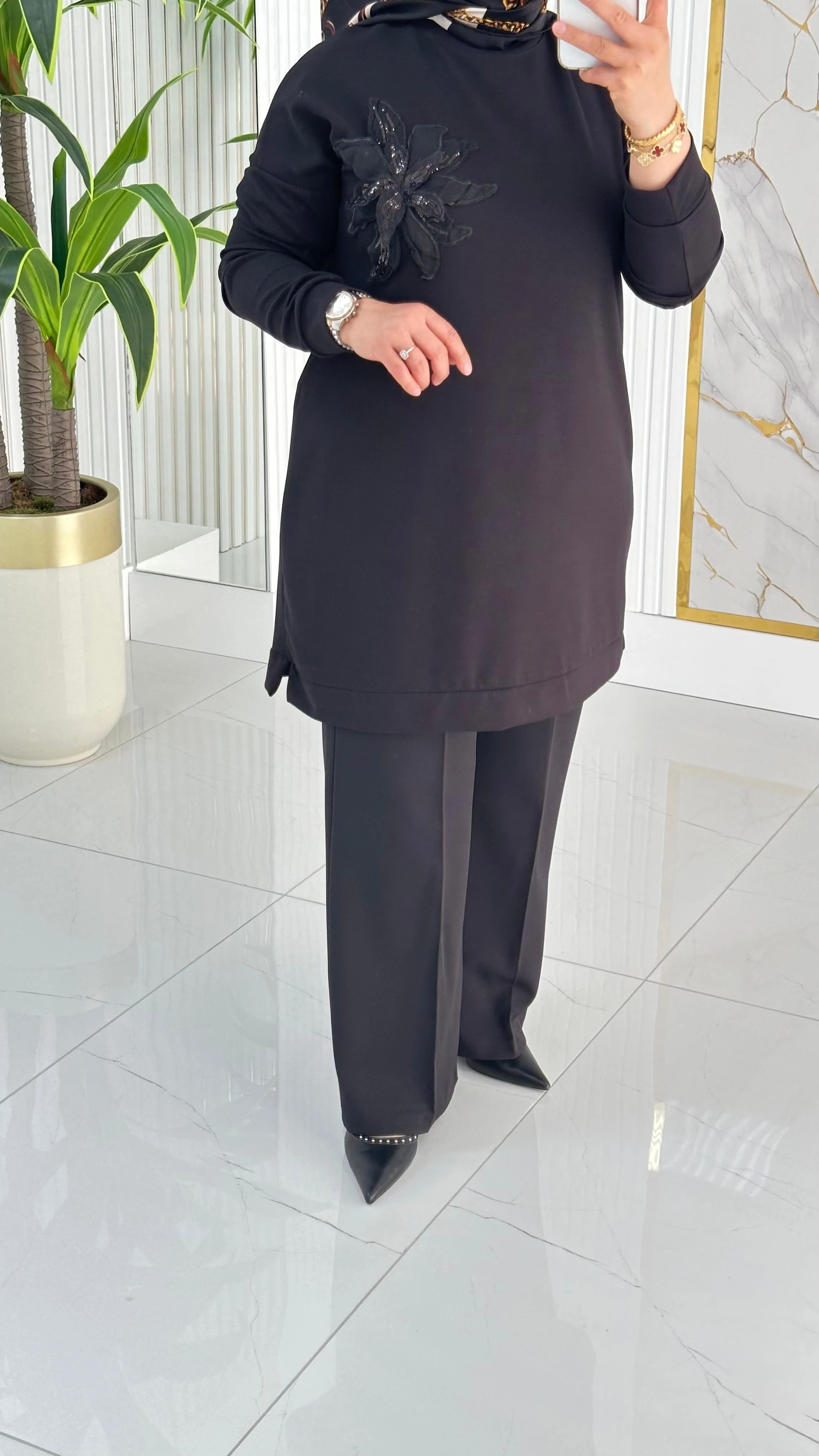 Kado Çiçek Desenli Tunik 7346 - Siyah