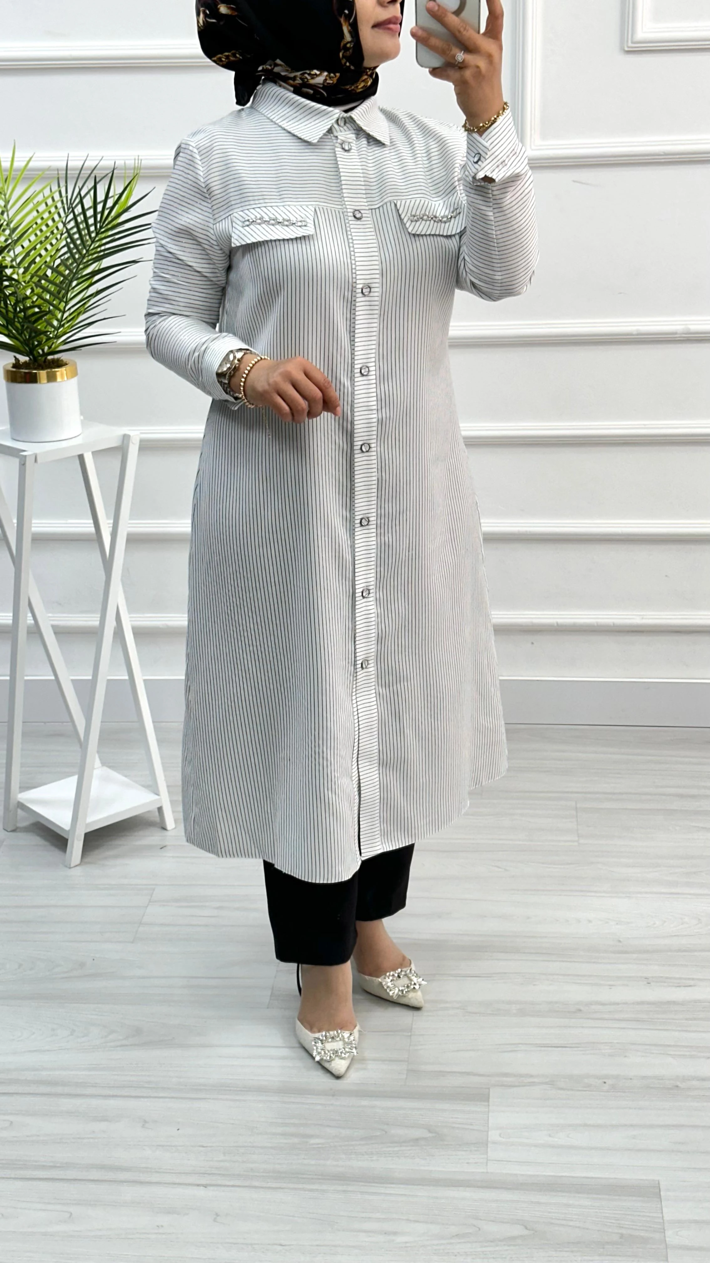 Qetenn Çizgili Cep Kapakları Zincir Detaylı Tunik 2837