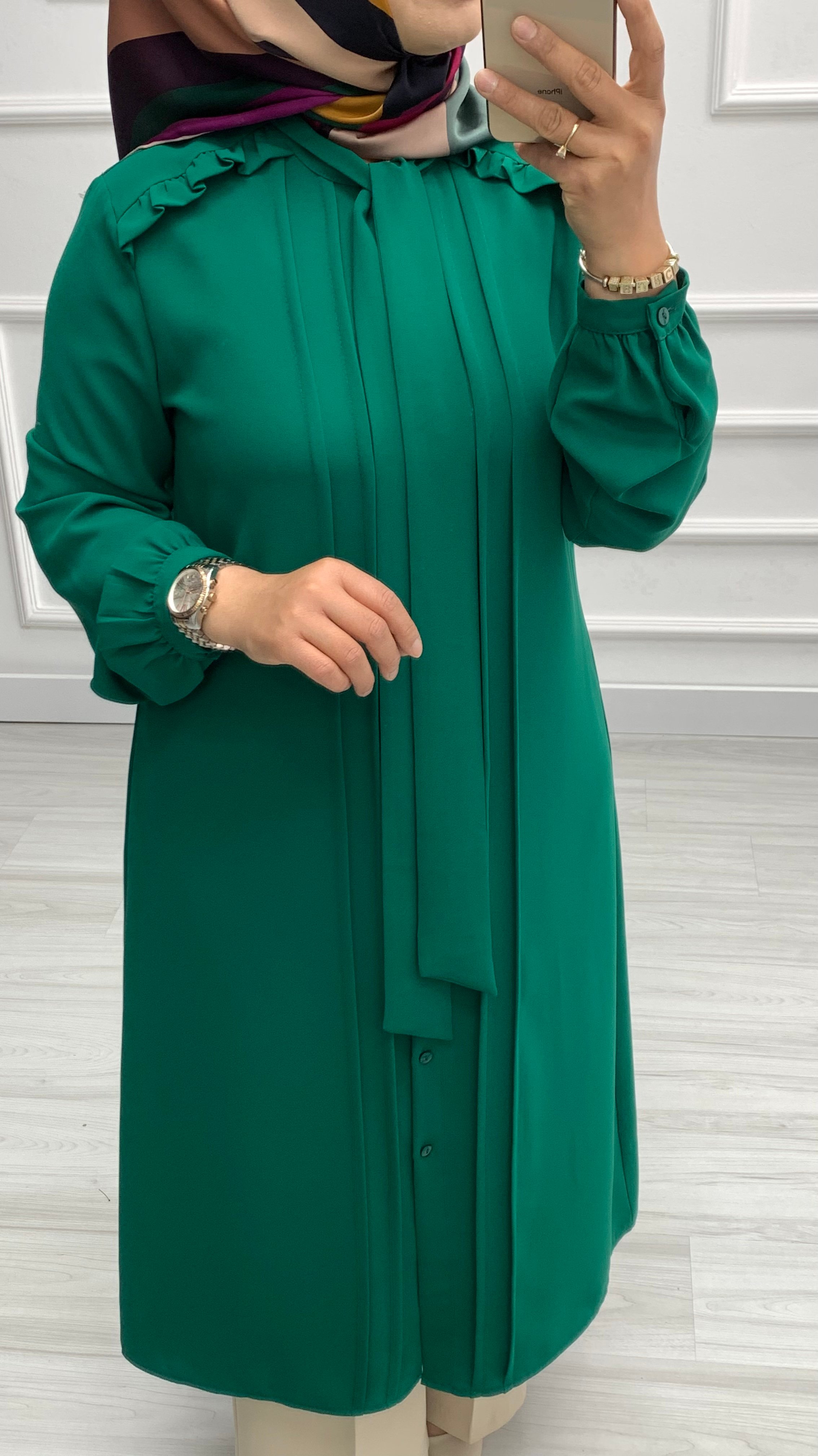Omuz Altı Fırfırlı Tunik Zümrüt 4774