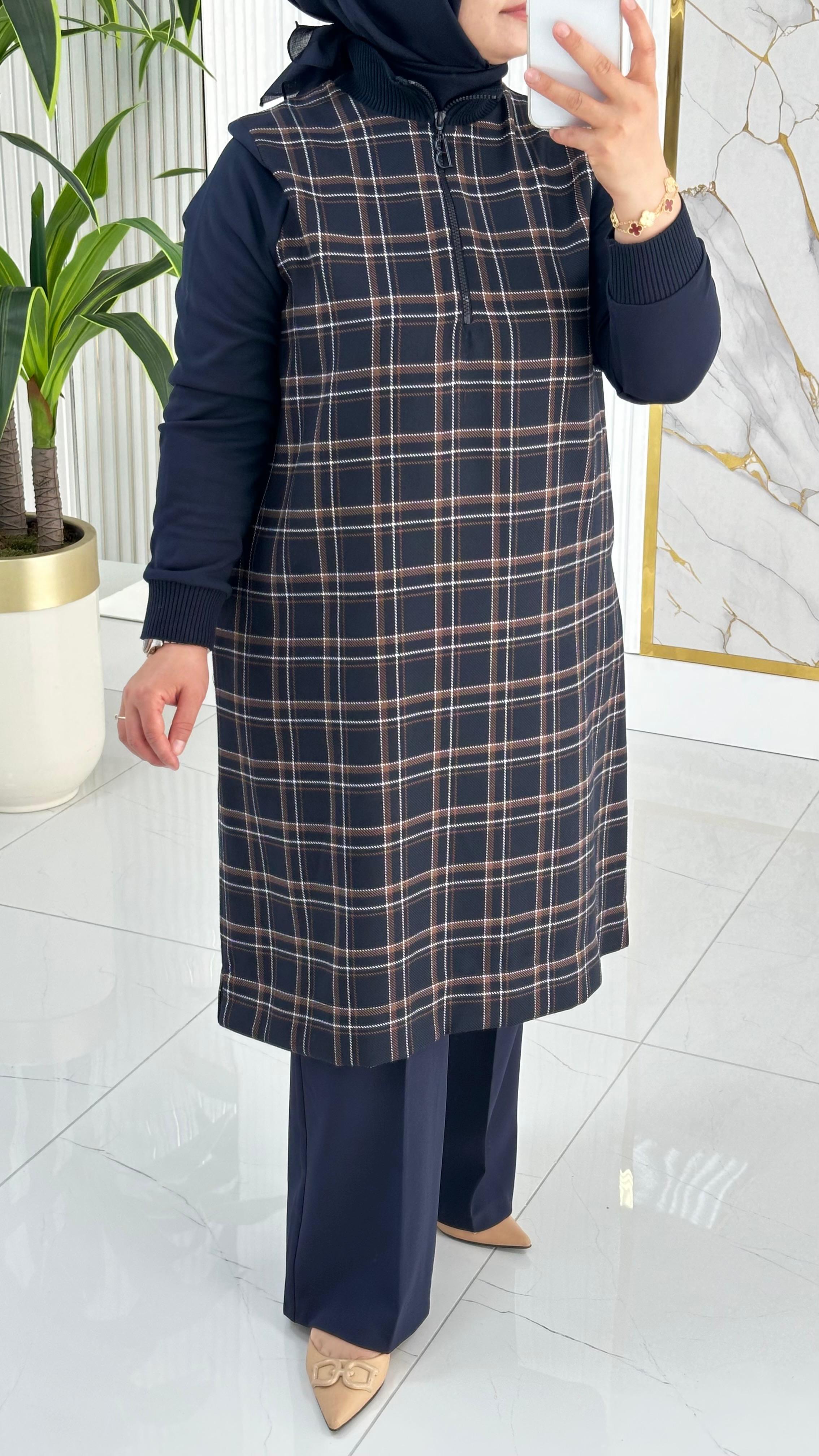 BELLİ (Armine Trend)Ekose Desen Ribanalı Kadın Tunik 1442