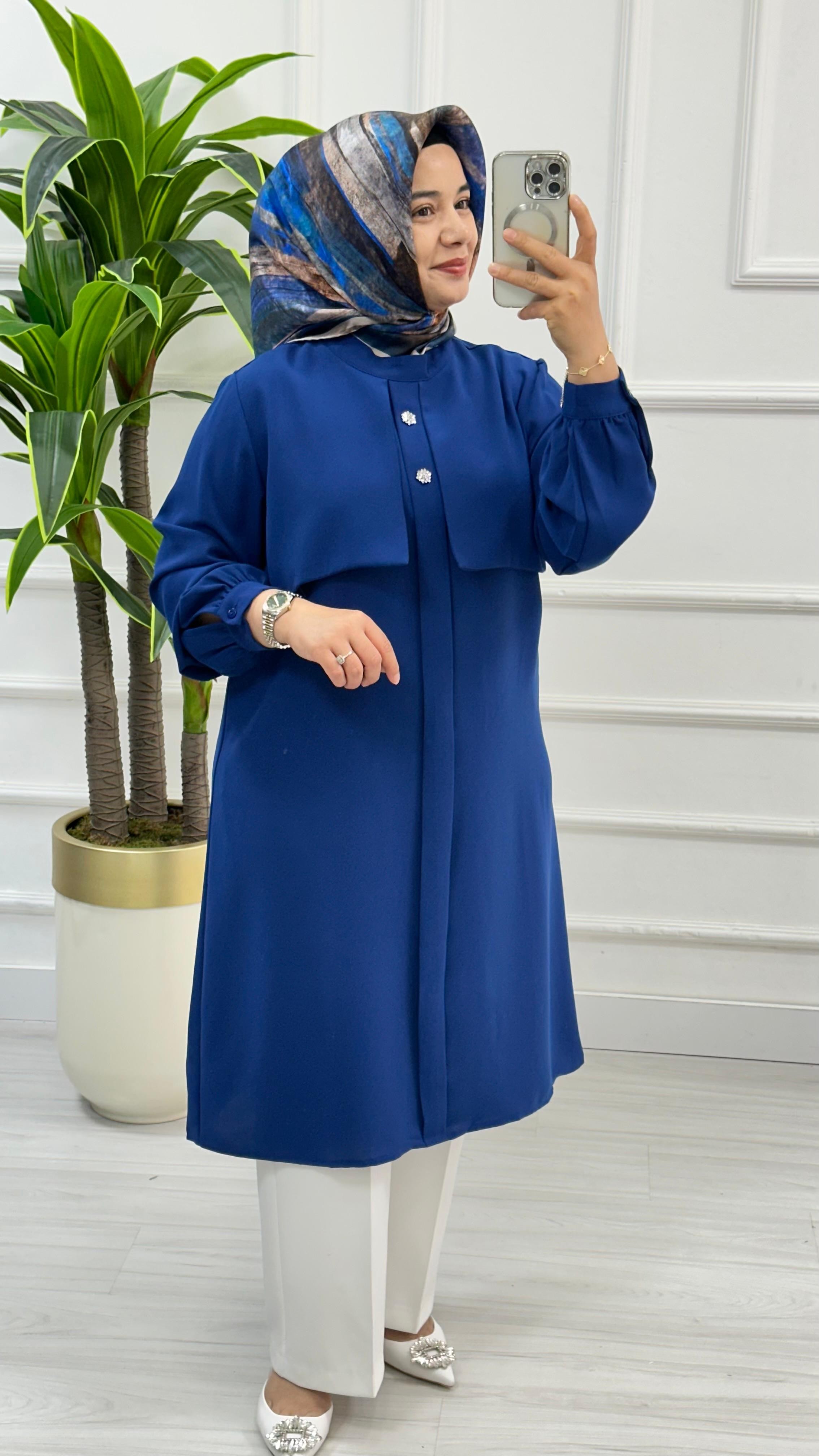 Alesya Taşlı Cepkenli Polo Krep Tunik 4887 - Saks Mavisi