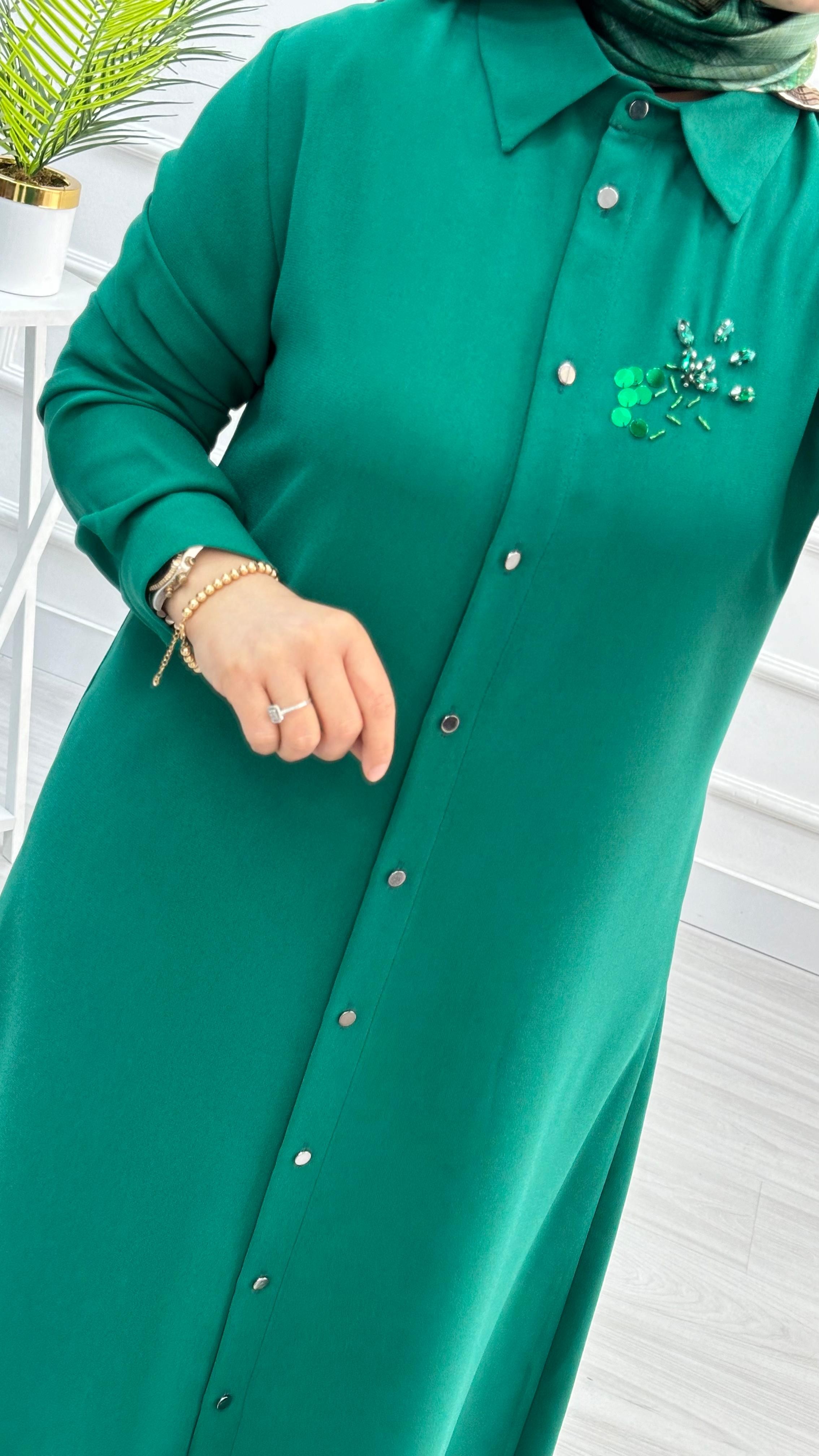Çınar Özkan Pullu Taşlı Krep Tunik 1629 - Benetton Yeşili