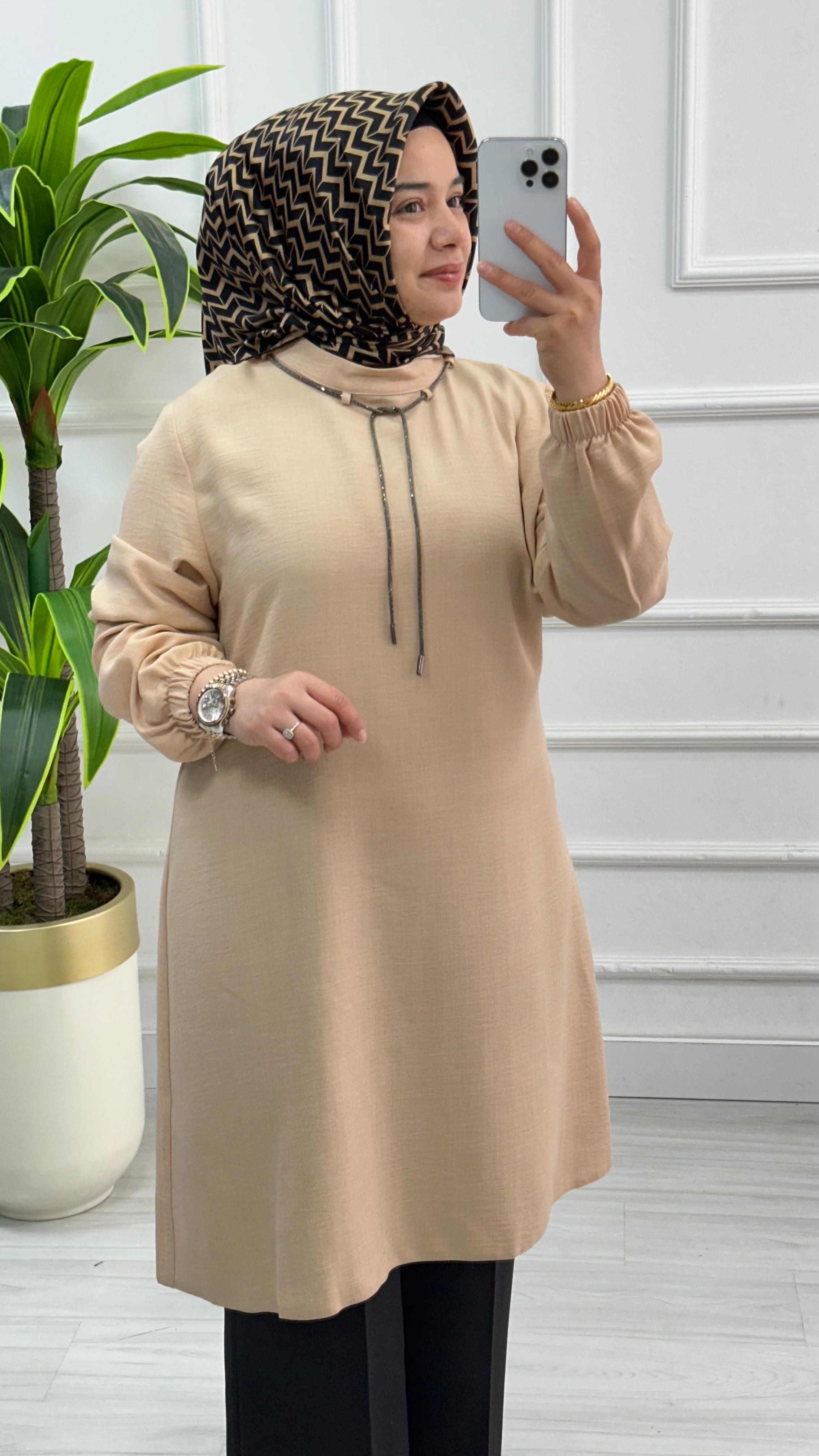 Sim İpli Pamuk Keten Tunik 2819 - Vizon