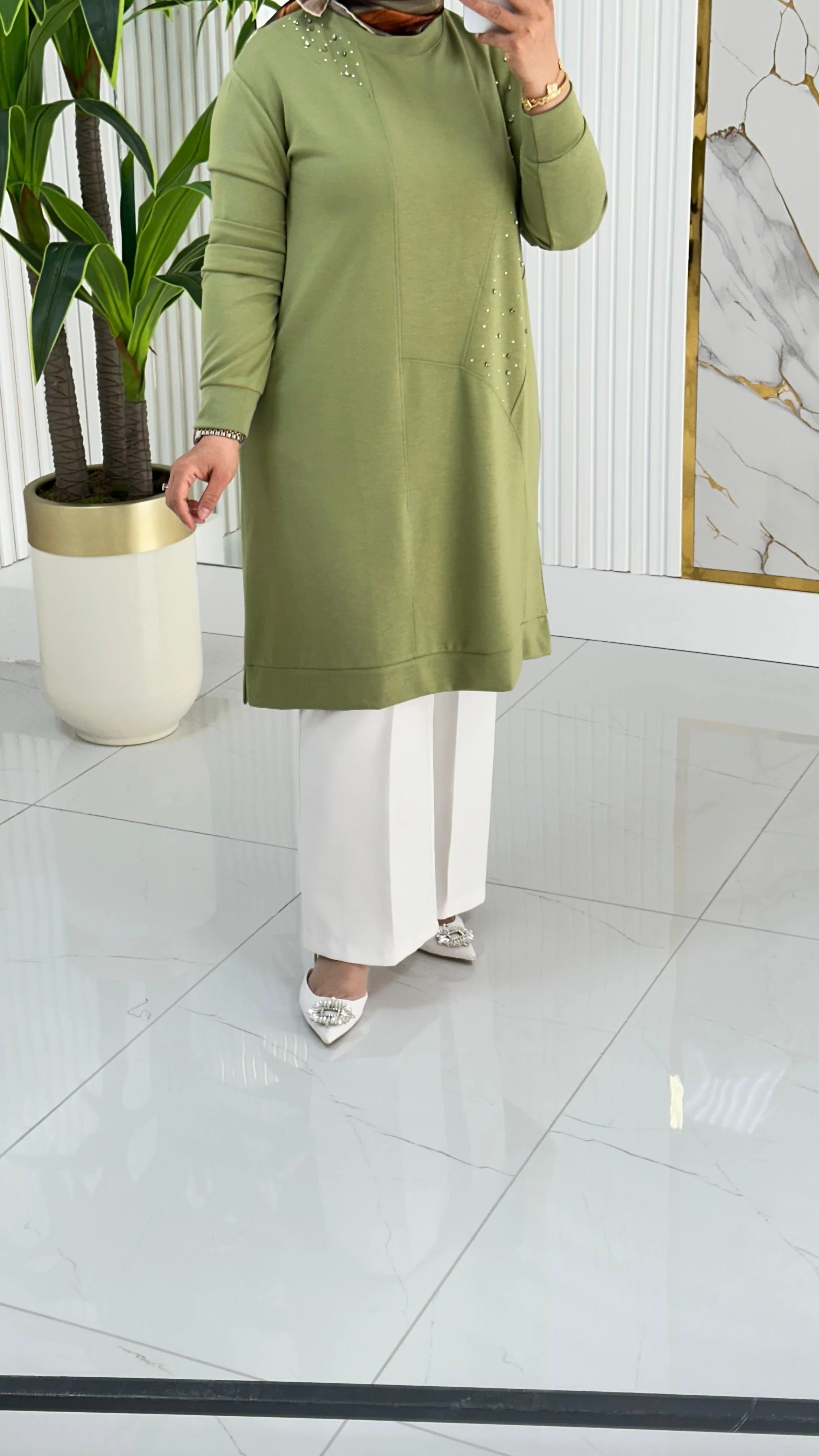 Kado Taş Baskılı Asimetrik Tunik 7020 - Fıstık yeşili