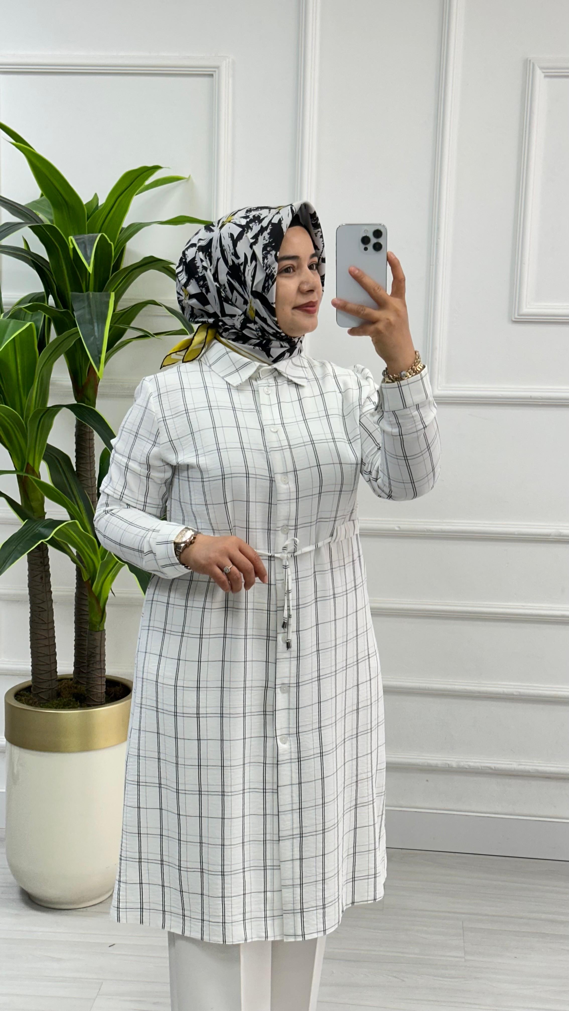 Ekose Desen Beli Büzgülü Kadın Tesettür Tunik 2937 - Beyaz