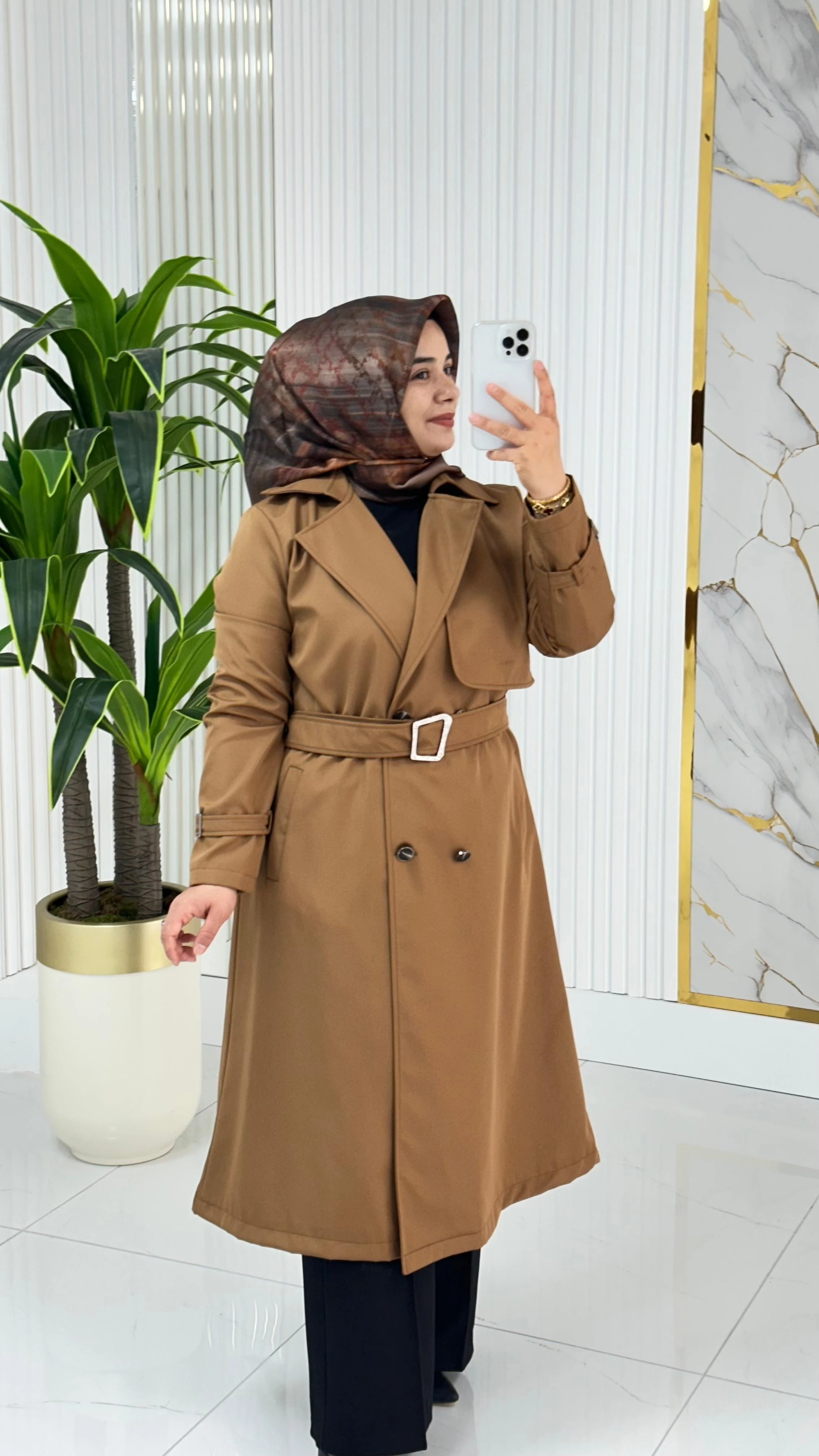 Çınar Özkan Kruvaze Yaka Düğmeli Beli Kemerli Kadın Trench Kap 2280 - Taba