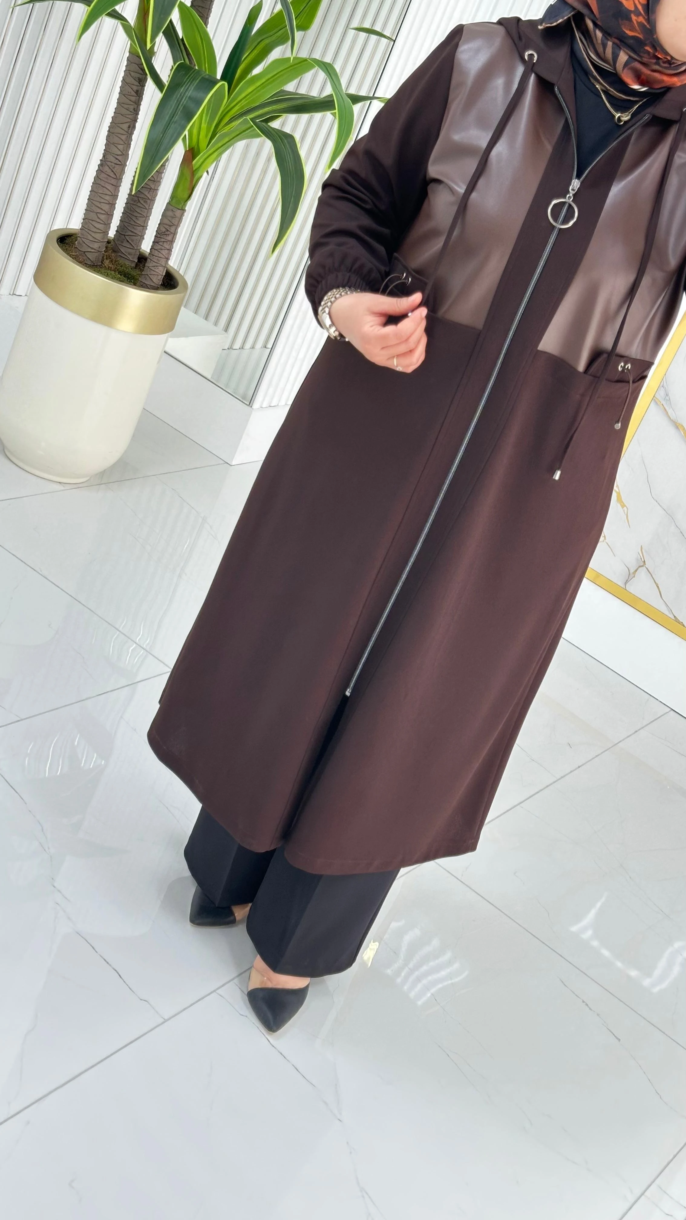 Önü Fermuarlı Deri Kombinli Kadın Giyçık Kap 2278 - Açık Kahve