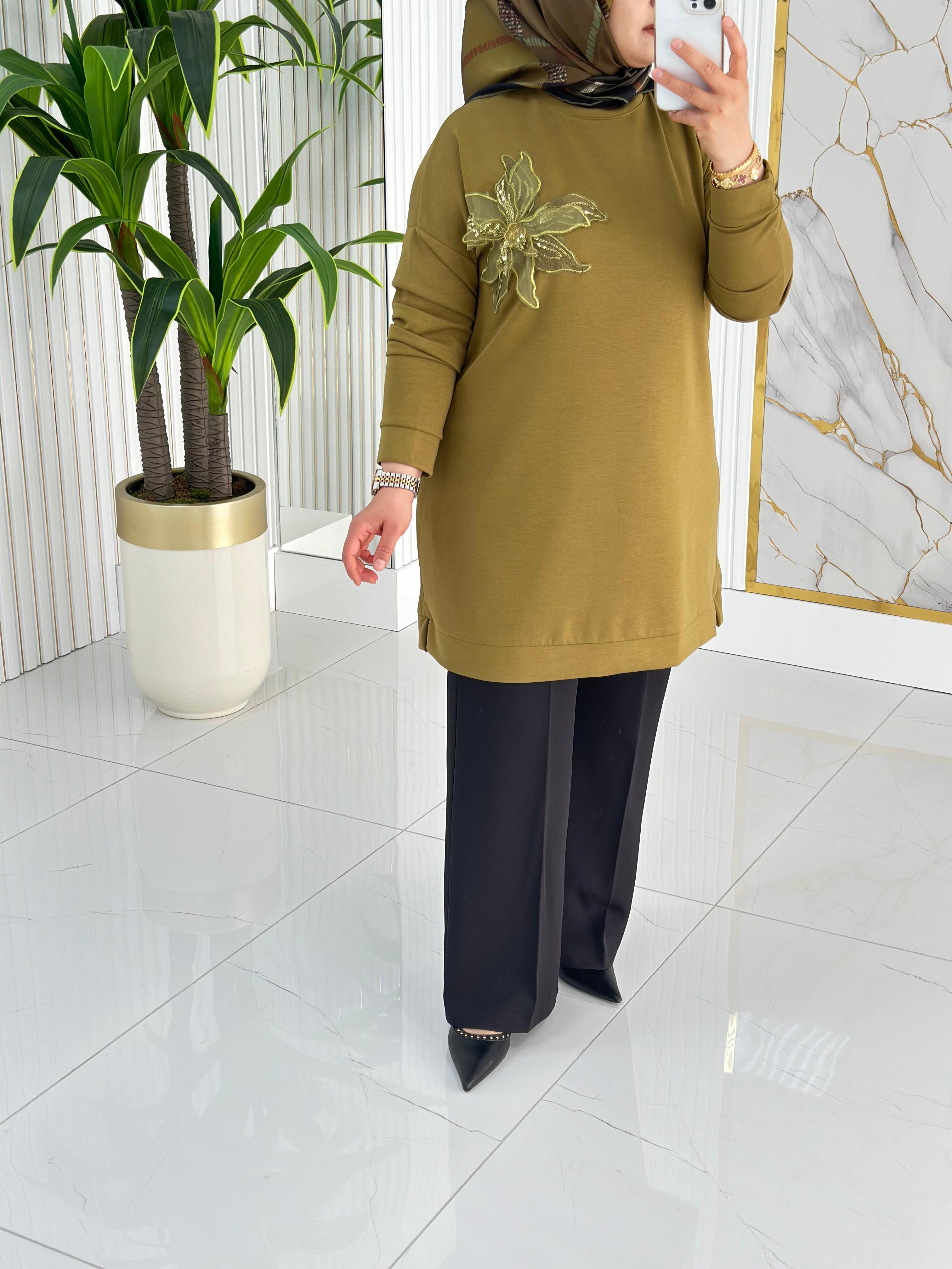 Kado Çiçek Desenli Tunik 7346 - Yağ Yeşili