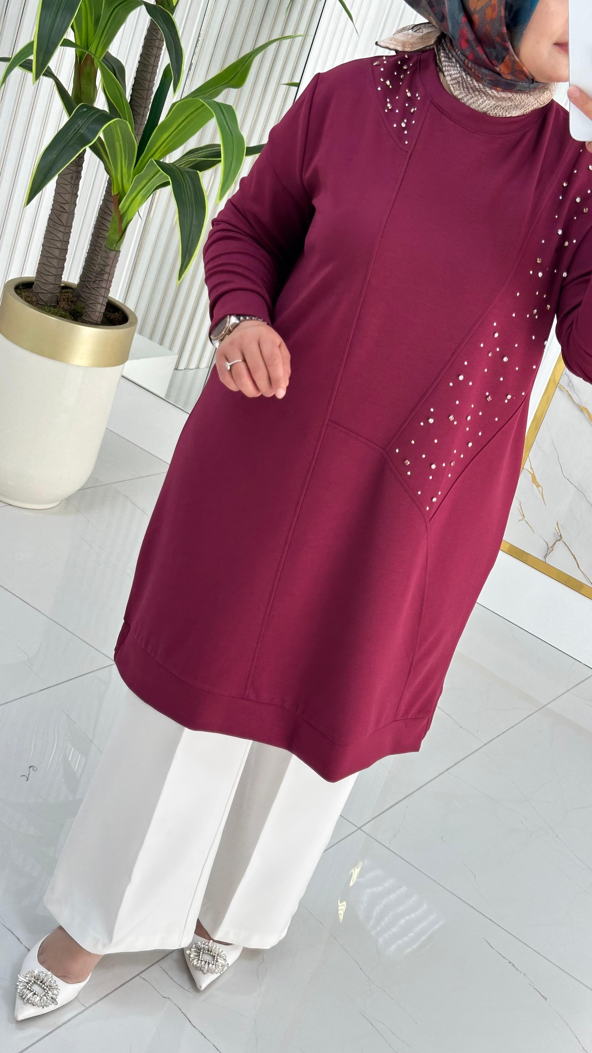 Kado Taş Baskılı Asimetrik Tunik 7020 - Bordo