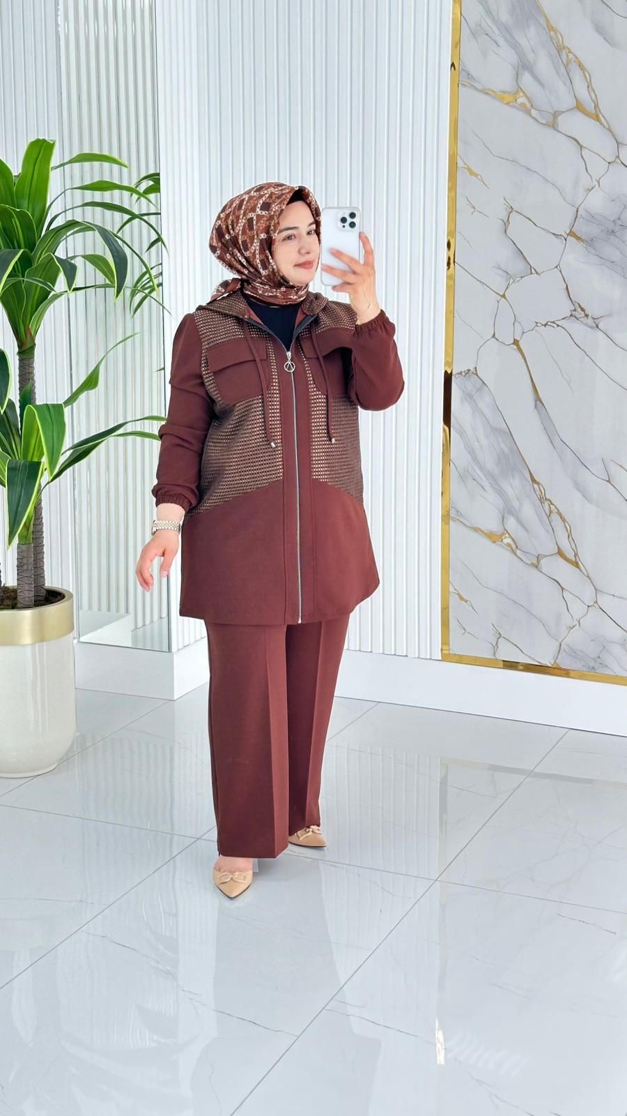 Çınar Özkan Fileli Pantolonlu Takım 2233 - Kahverengi