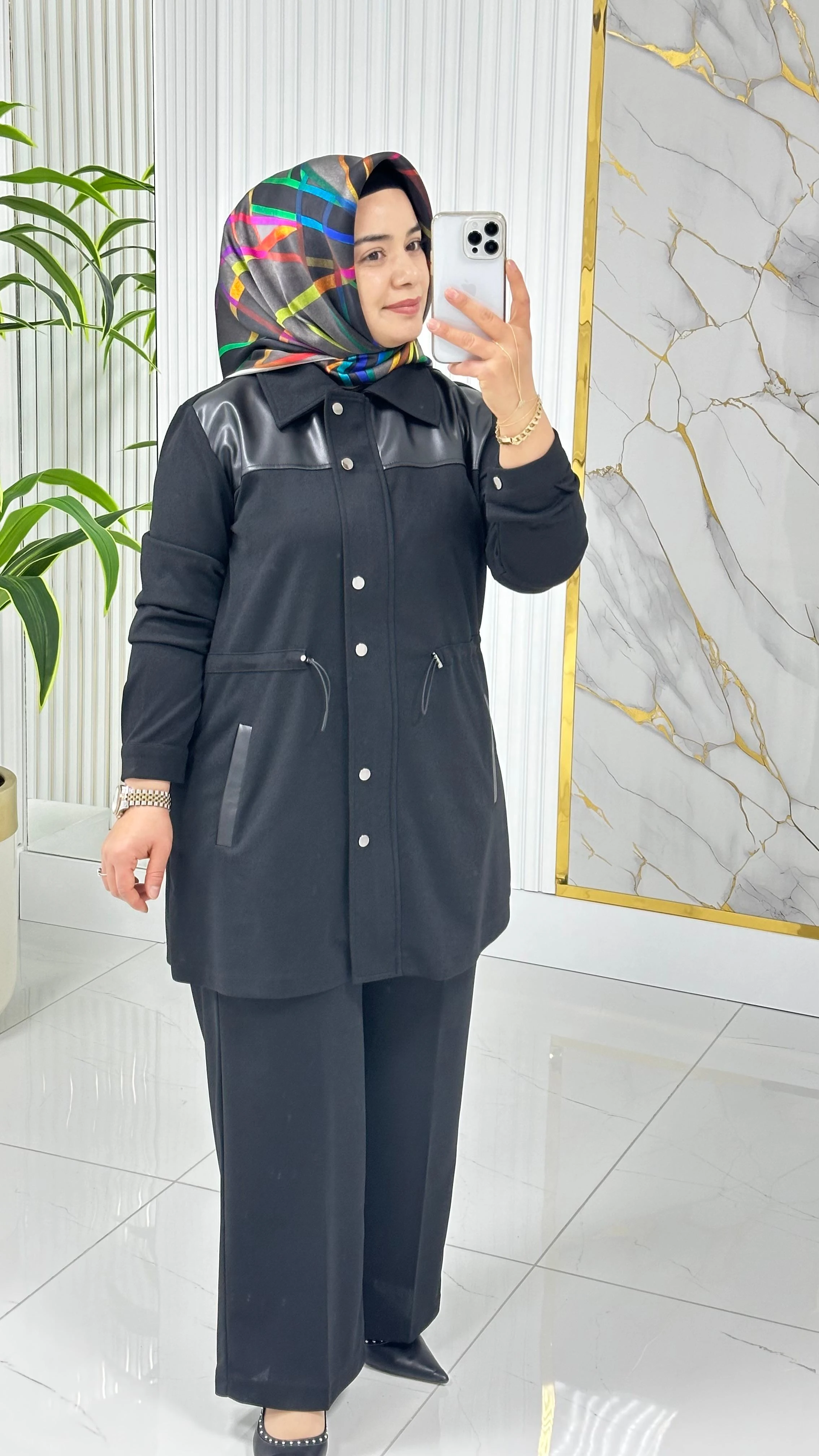 ÇINAR ÖZKAN DERİ DETAYLI İKİLİ TAKIM 2235 - Siyah