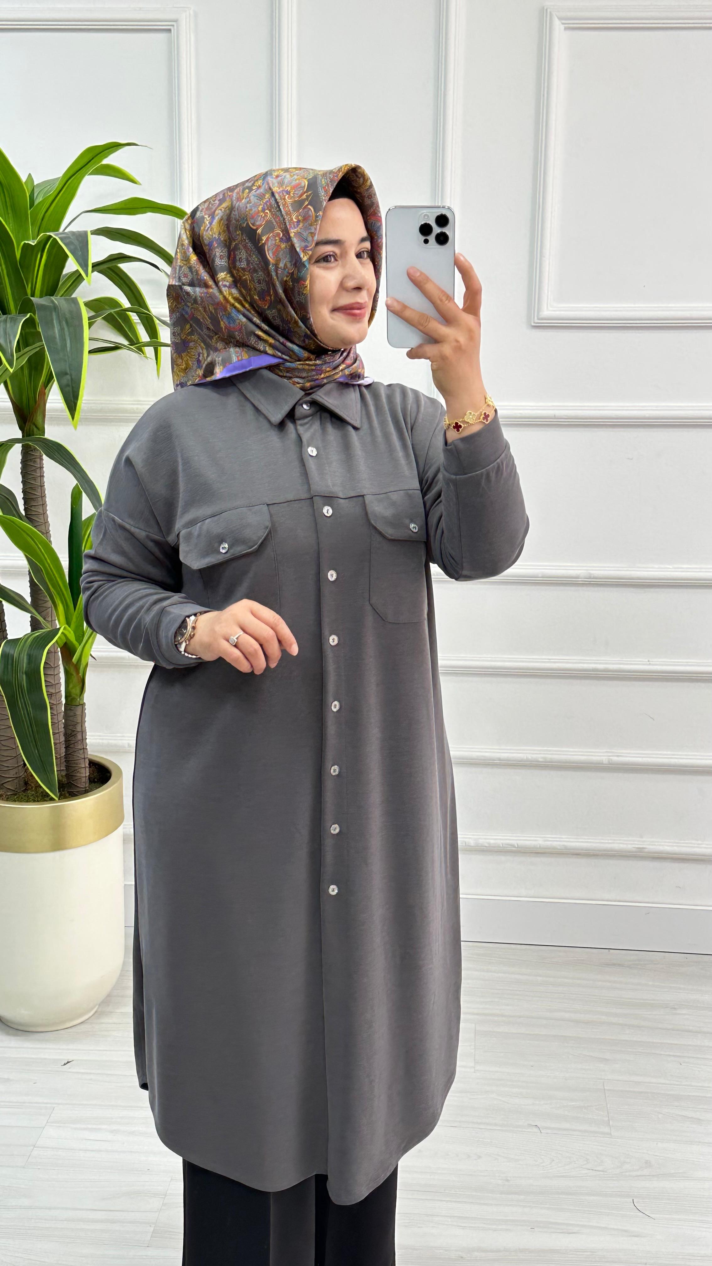 Kado Düğmeli Cep Detaylı Uzun Boy Tesettür Tunik 7628