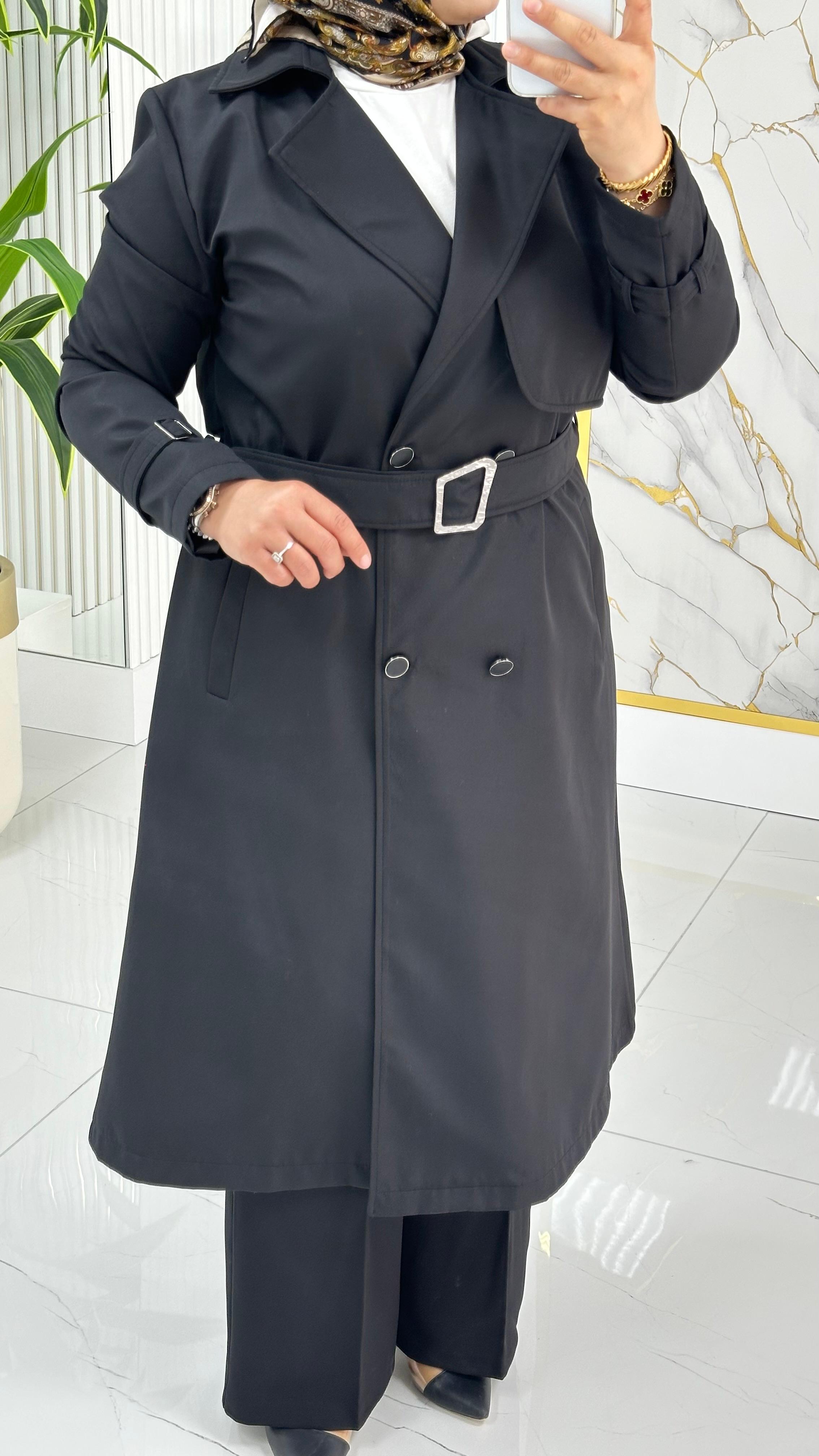 Çınar Özkan Kruvaze Yaka Düğmeli Beli Kemerli Kadın Trench Kap 2280 - Siyah