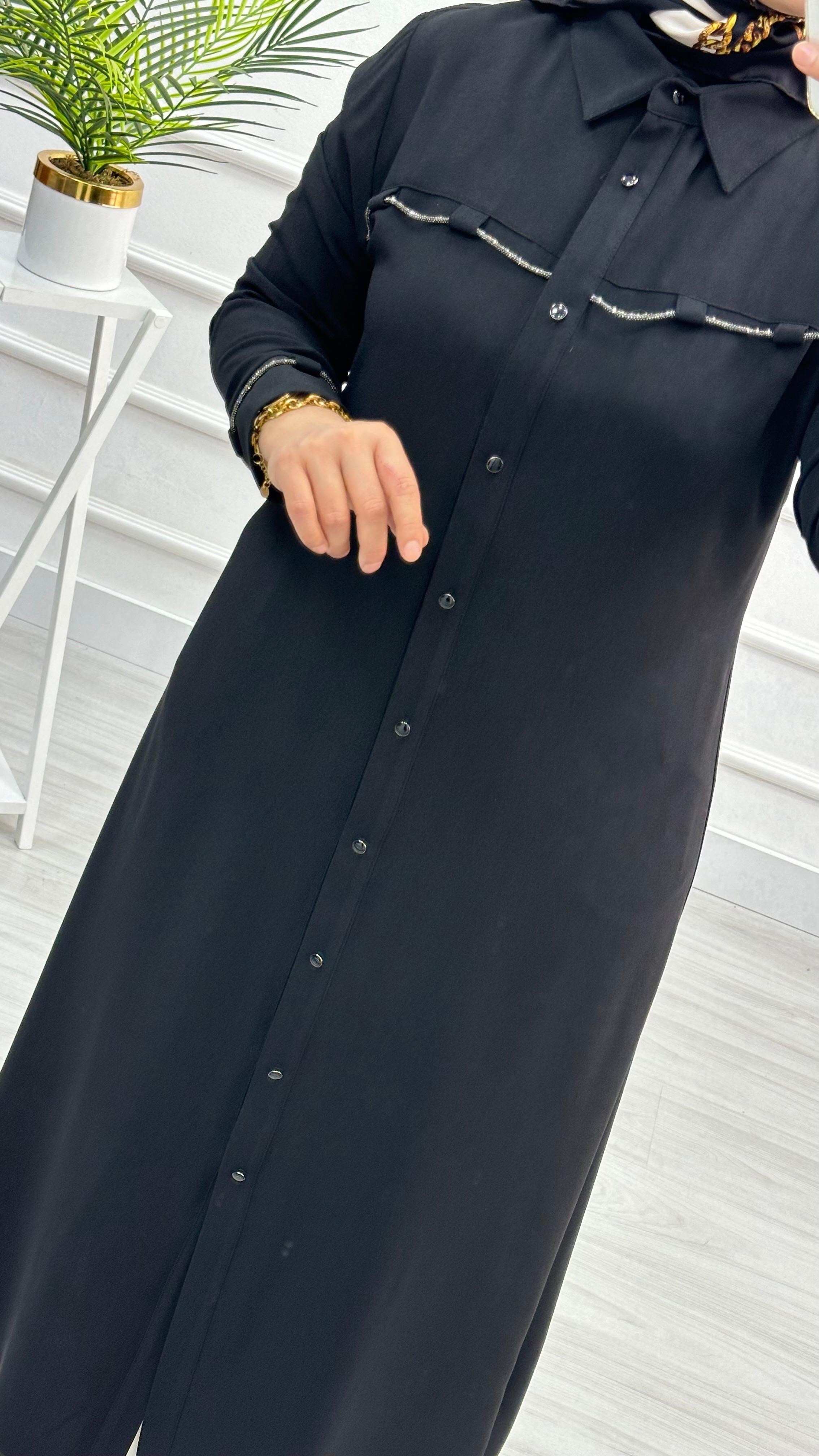 Kolları Ve Önü Taş Detaylı Tunik 4712 - Siyah