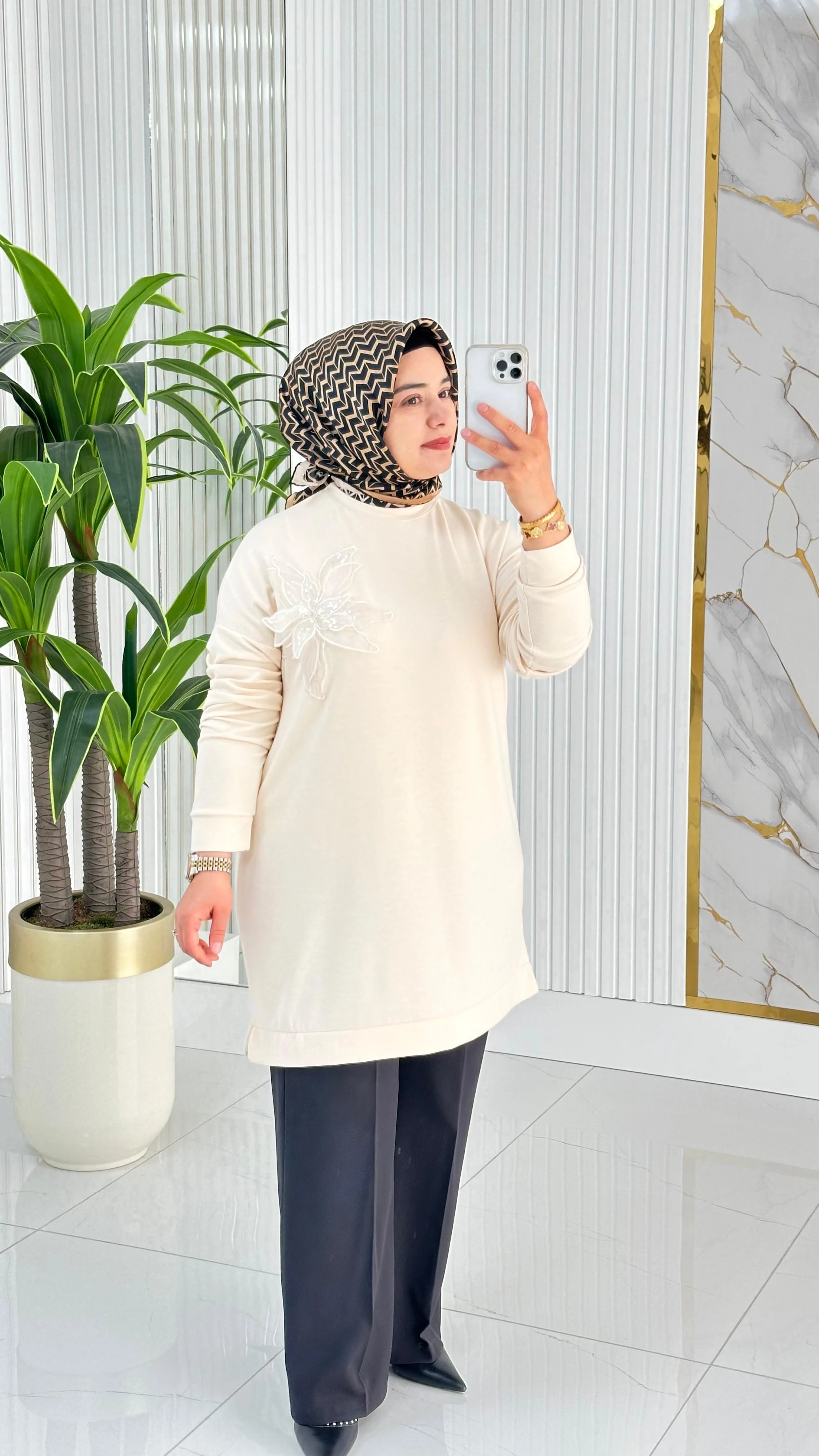 Kado Çiçek Desenli Tunik 7346 - Ekru