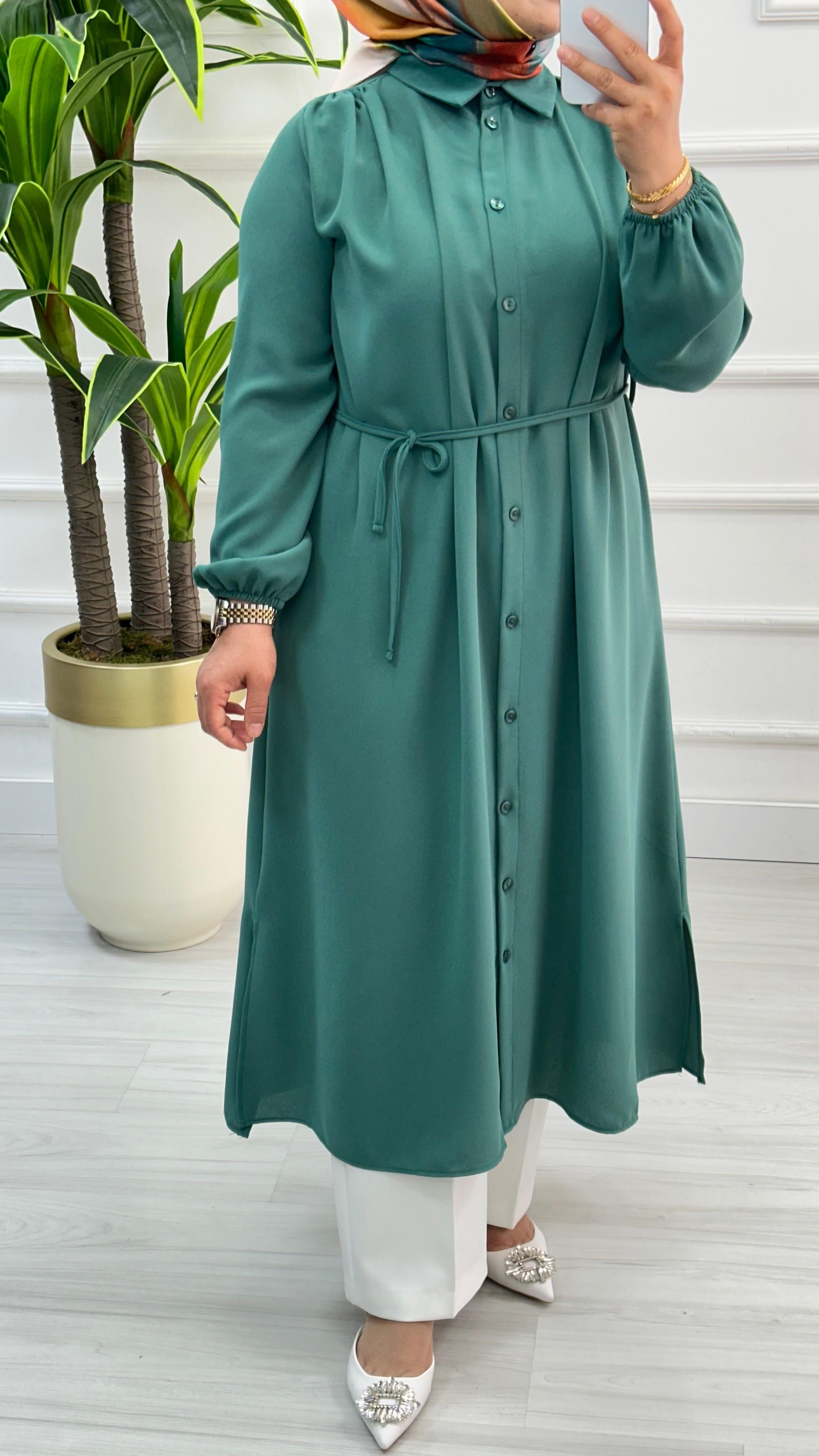 Omuzları Büzgülü Linda Kumaş Tunik 1562 - Mint Yeşili