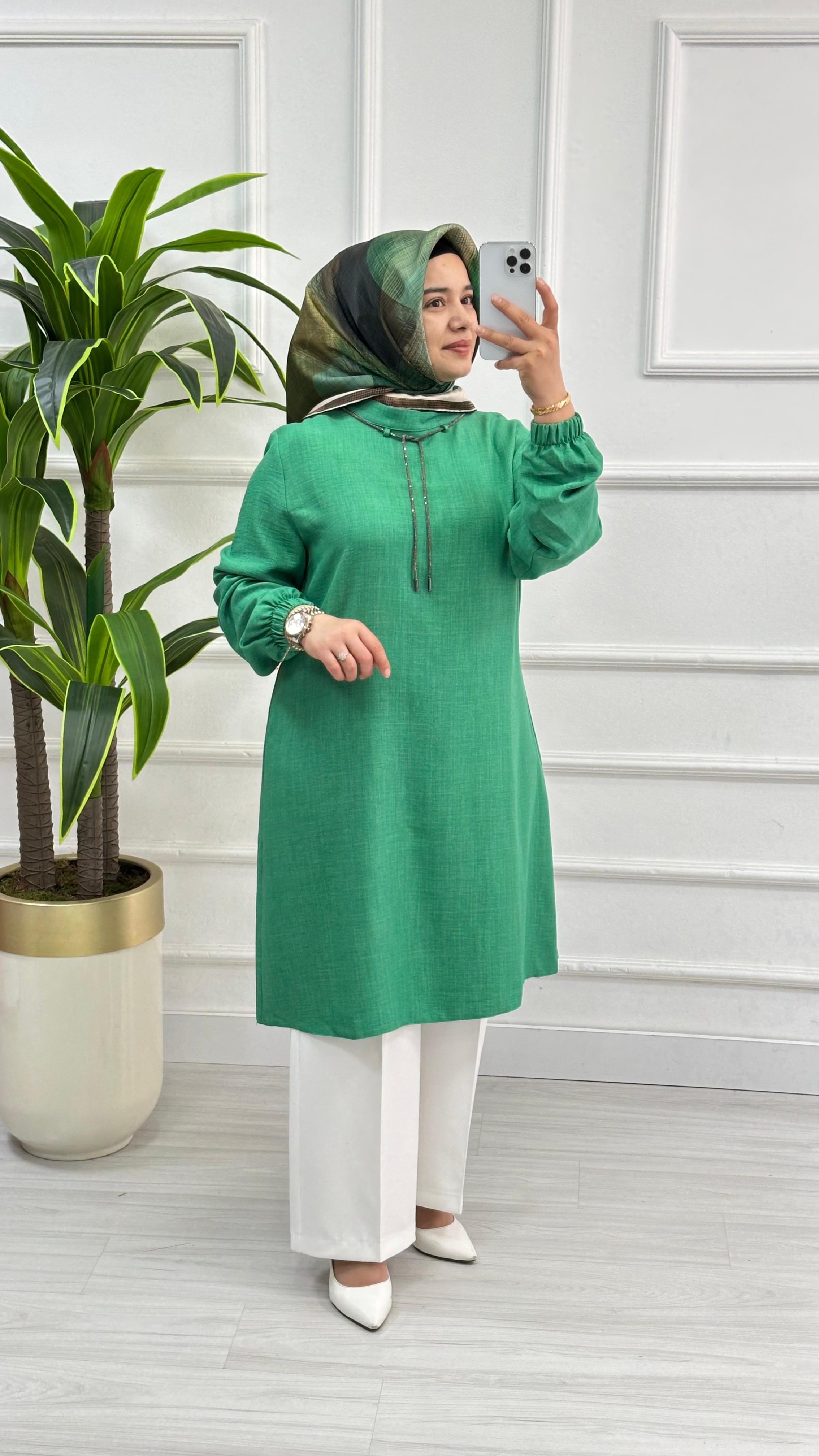 Sim İpli Pamuk Keten Tunik 2819 - Benetton Yeşili