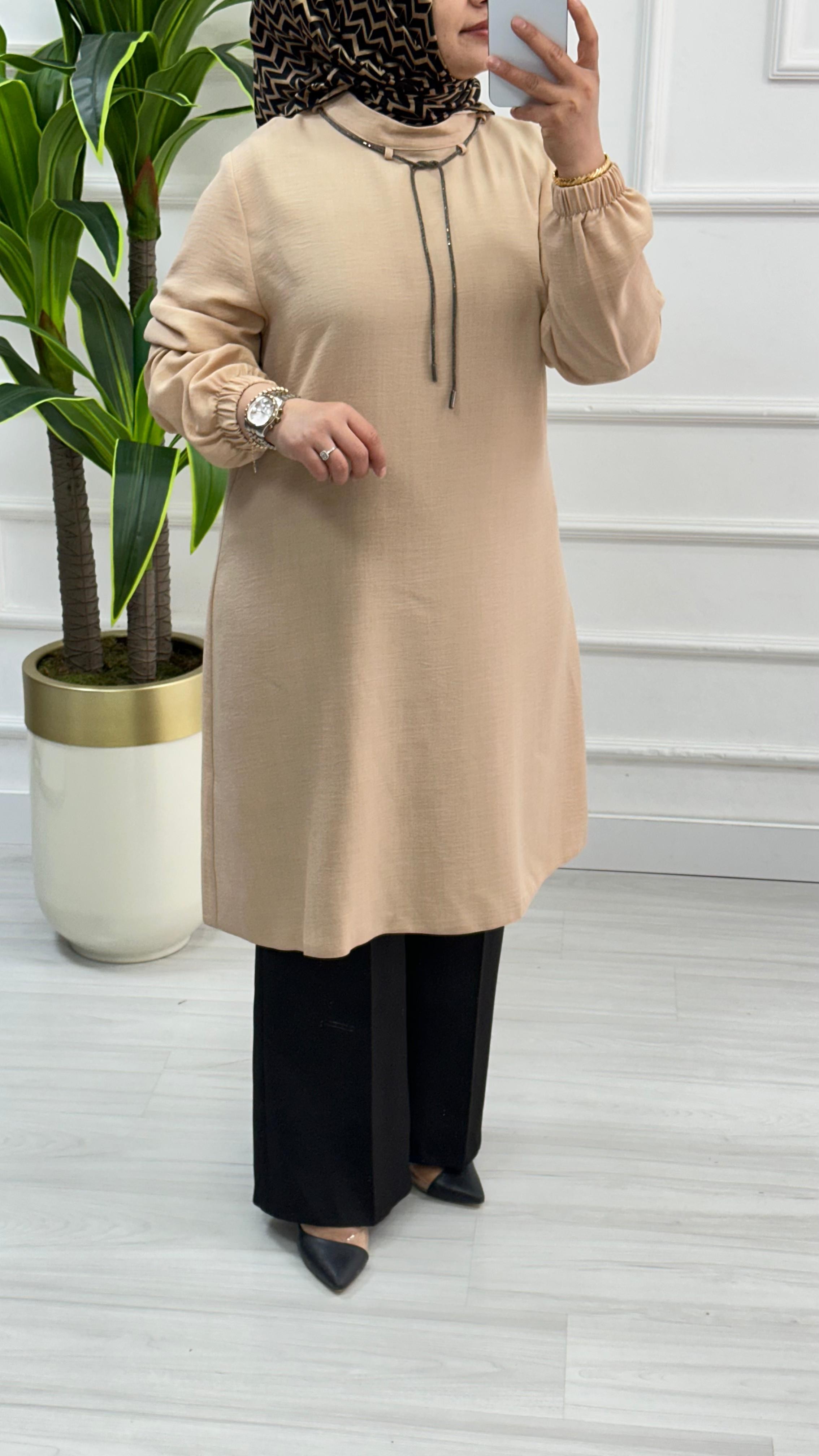 Sim İpli Pamuk Keten Tunik 2819 - Vizon