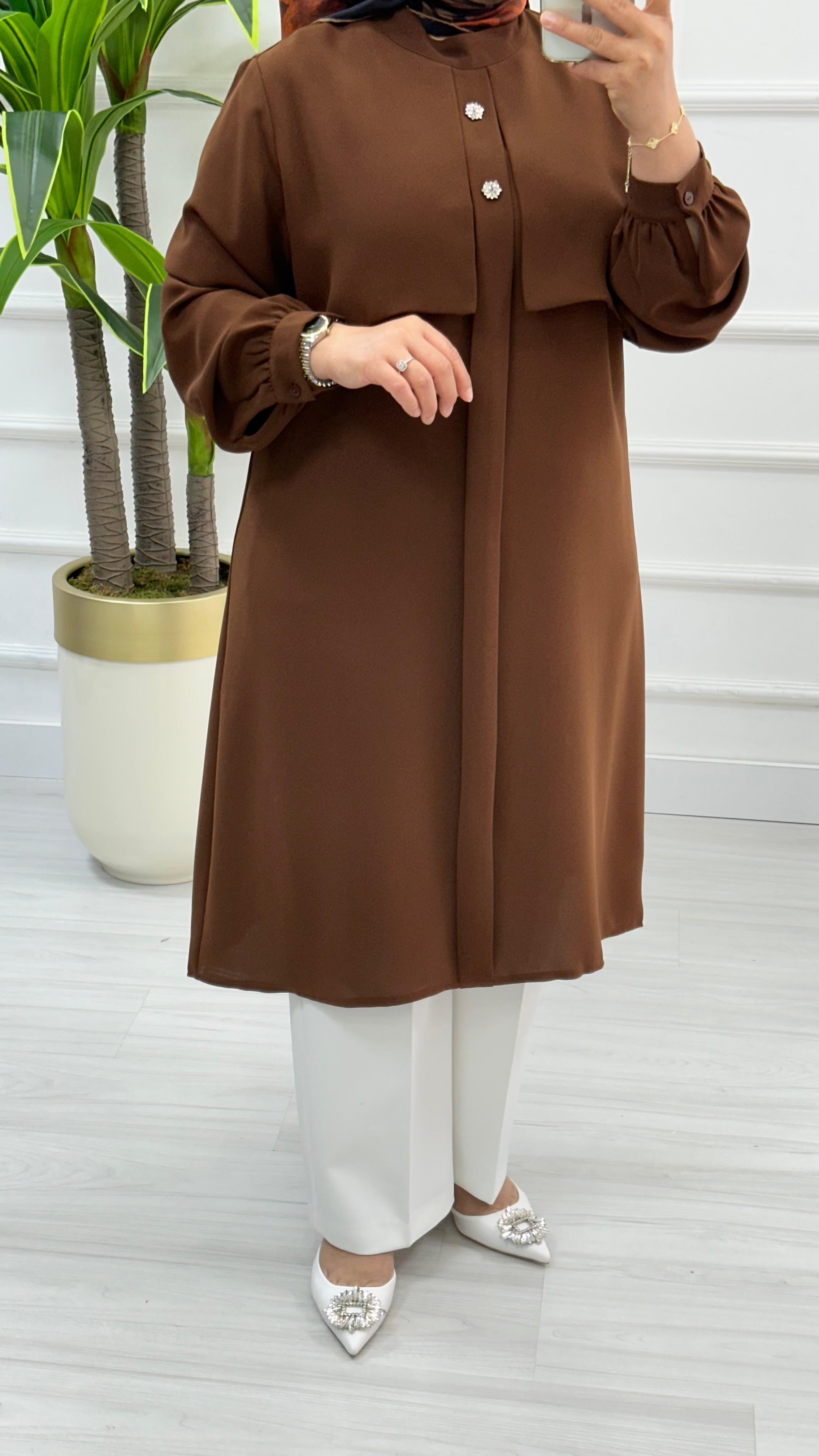 Alesya Taşlı Cepkenli Polo Krep Tunik 4887 - Kahverengi
