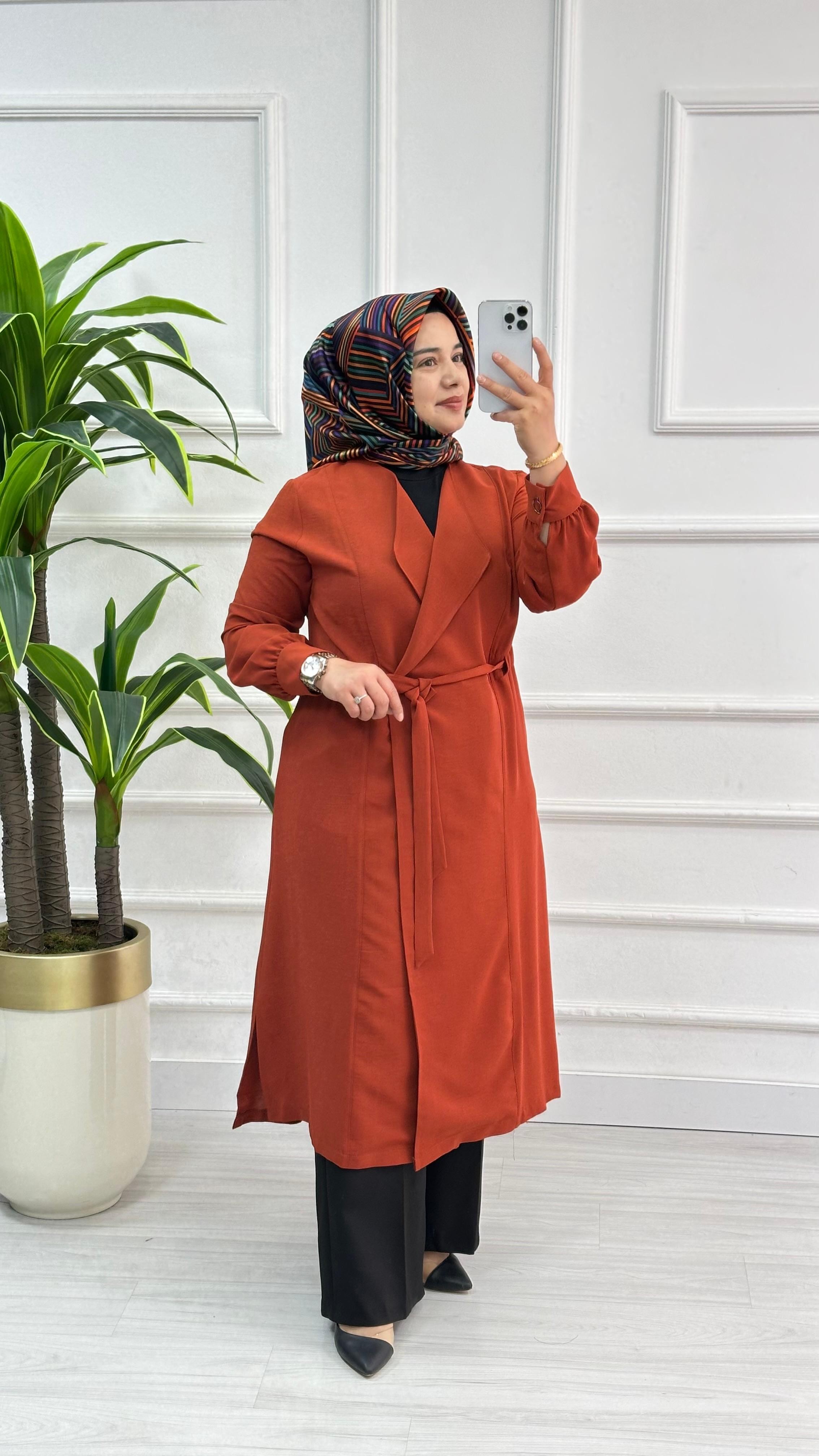 Panova Çıt Detaylı Kuşaklı Anvelok Kapamalı Giy Çık 7010 - Kiremit