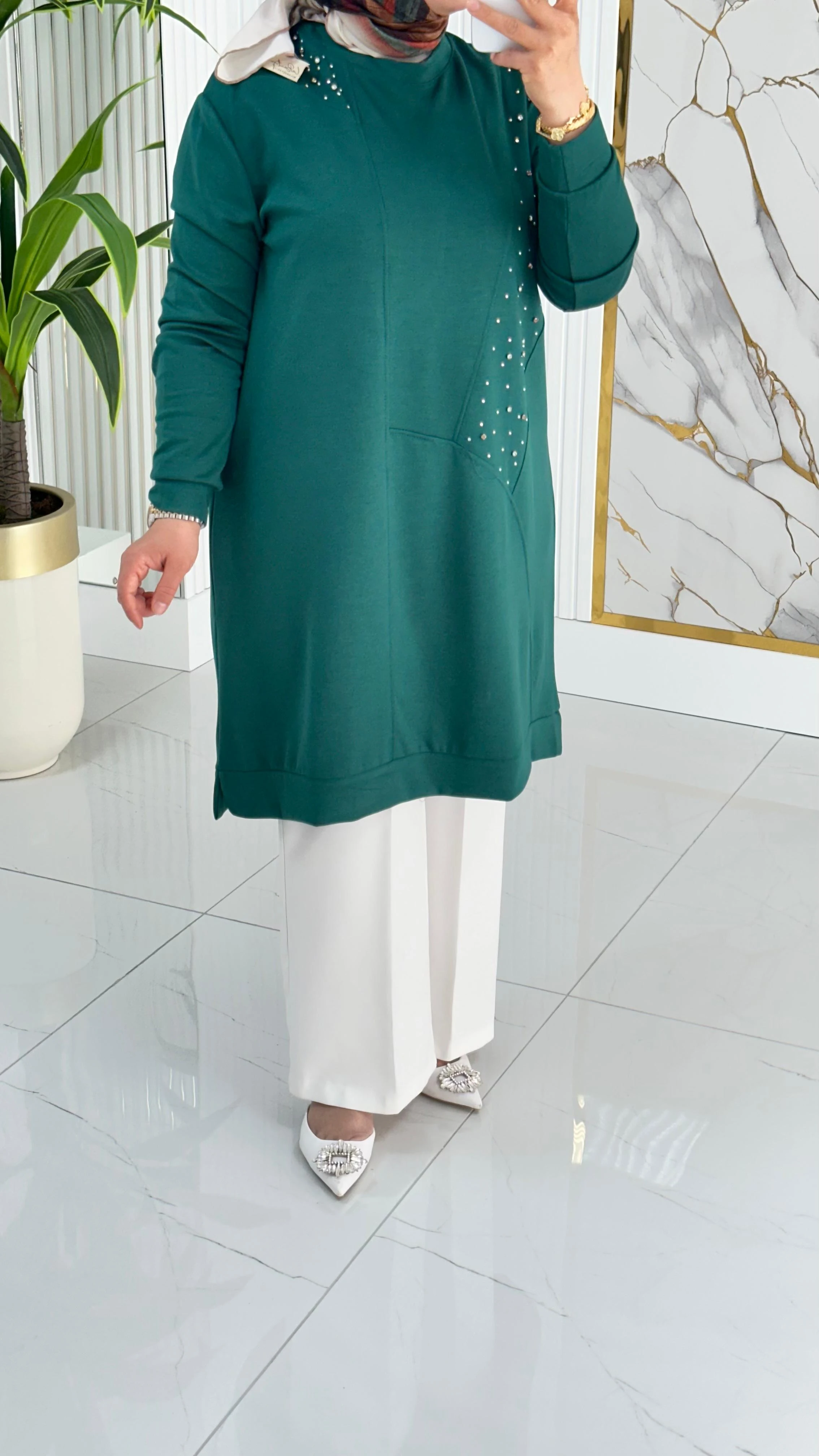 Kado Taş Baskılı Asimetrik Tunik 7020 - Koyu Zümrüt