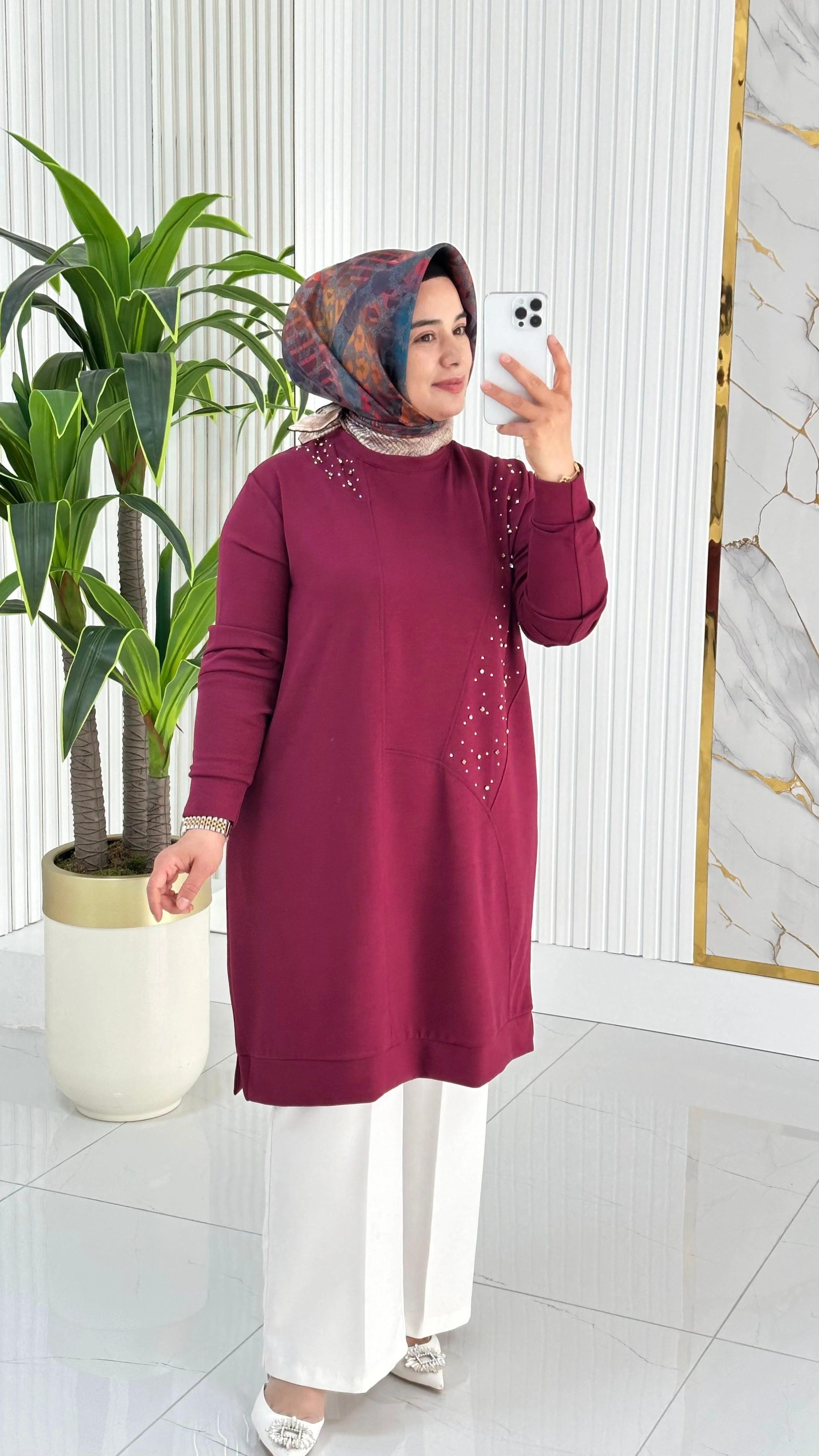 Kado Taş Baskılı Asimetrik Tunik 7020 - Bordo