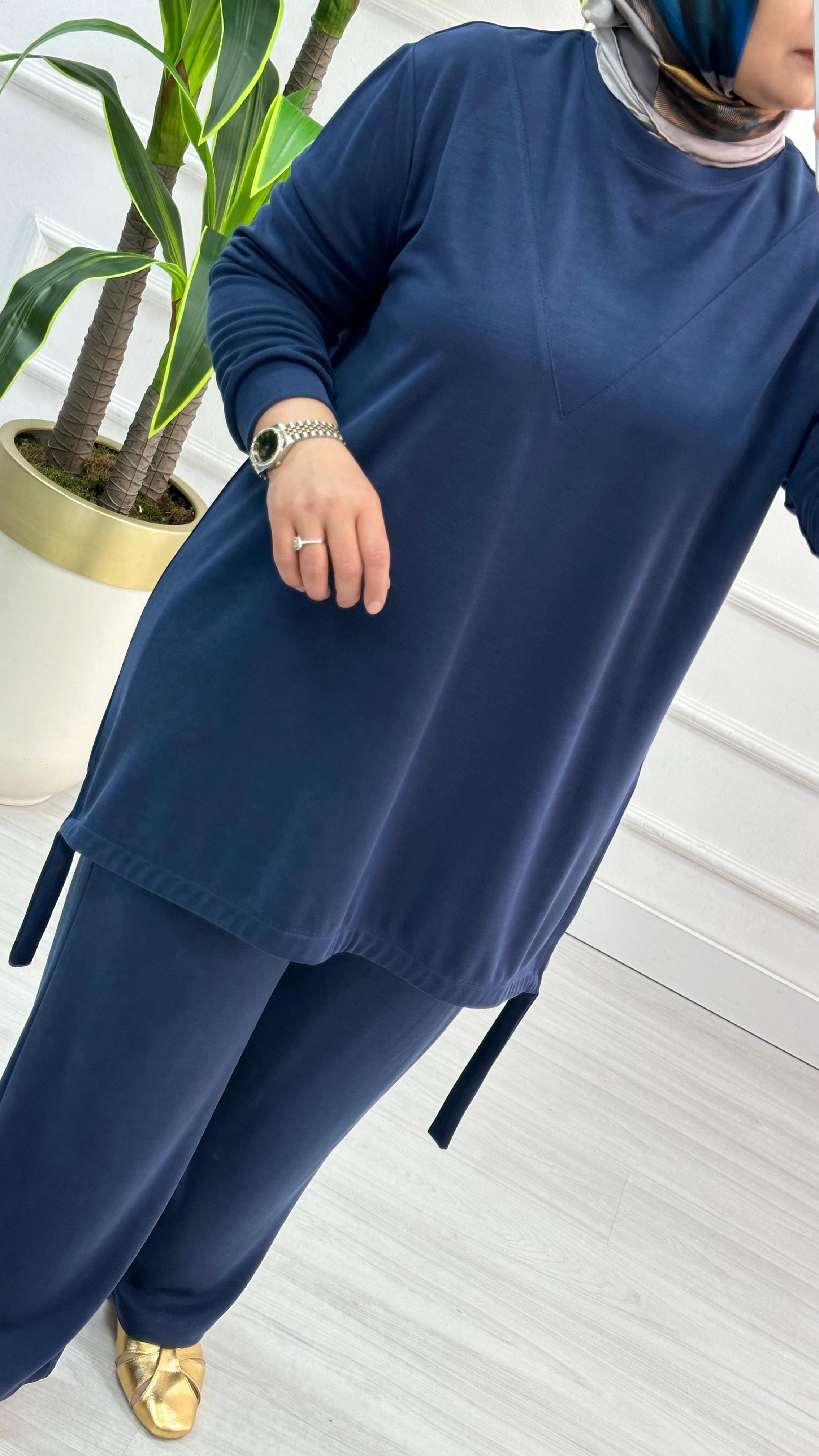 Düşük Omuz Önü Dikişli Tunik ve Pantolon Kadın İkili Takım KADO 7120 - Lacivert